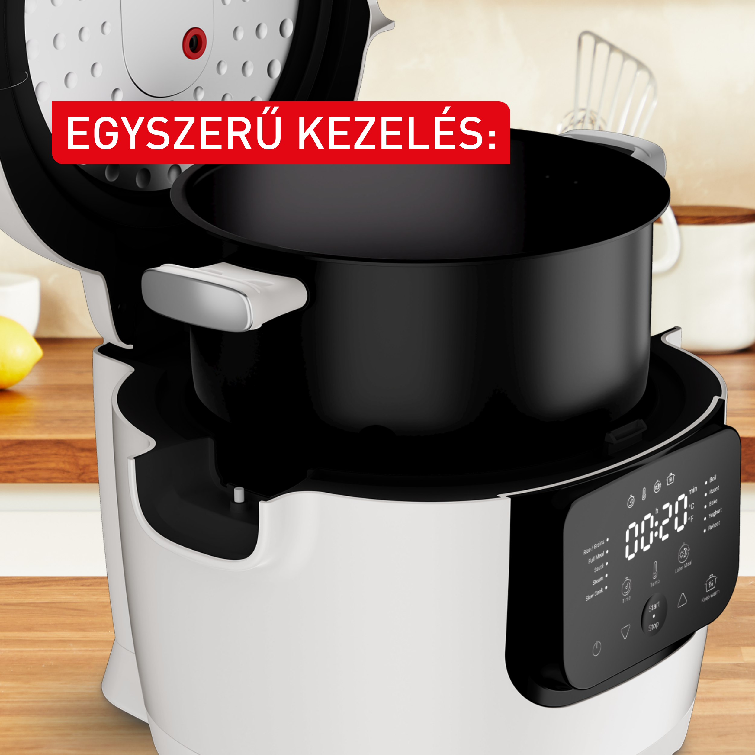 Fehér multifunkciós főző, fekete belsővel és digitális kijelzővel.