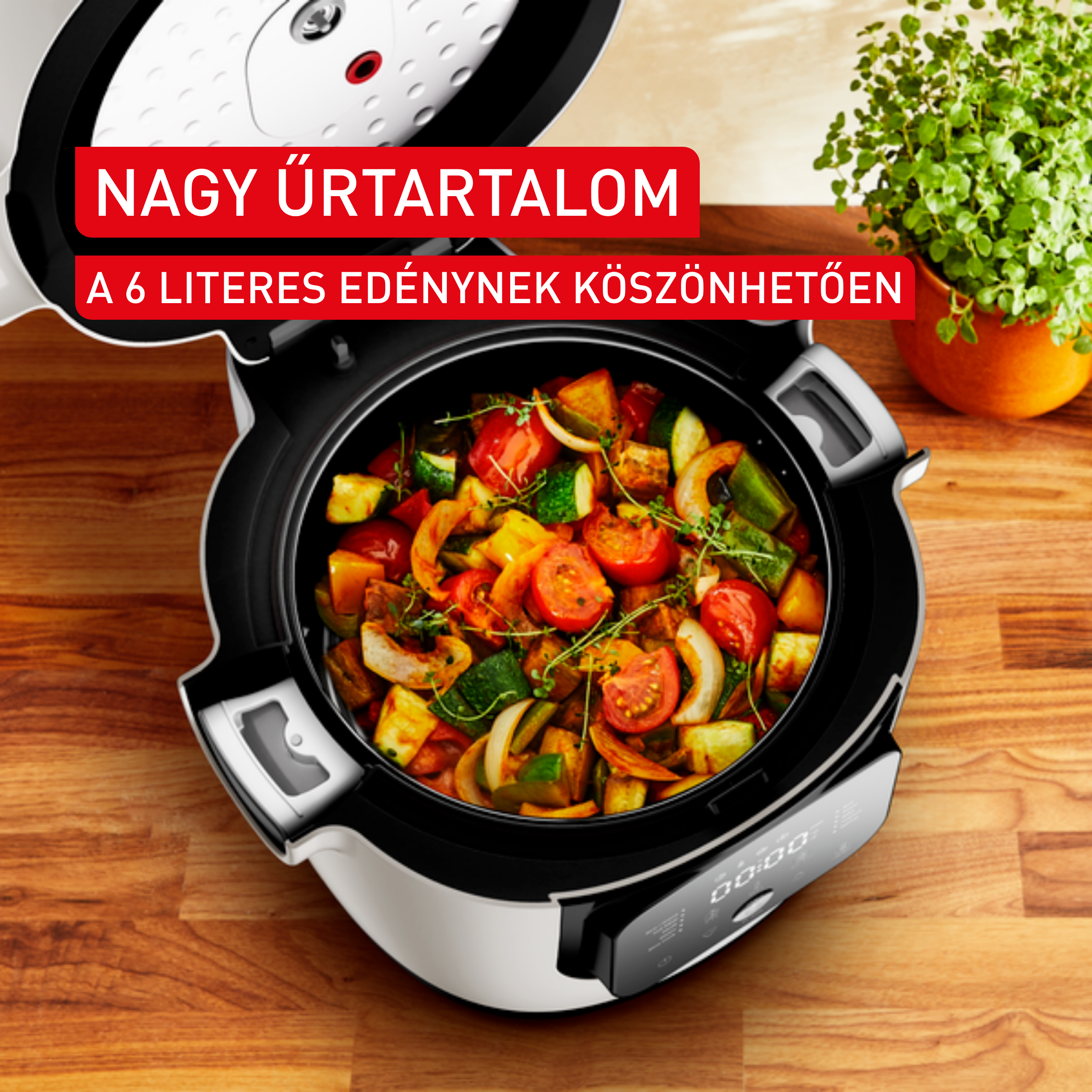 Egy nyitott edény főtt zöldségekkel faasztalon. Mellette egy növény.