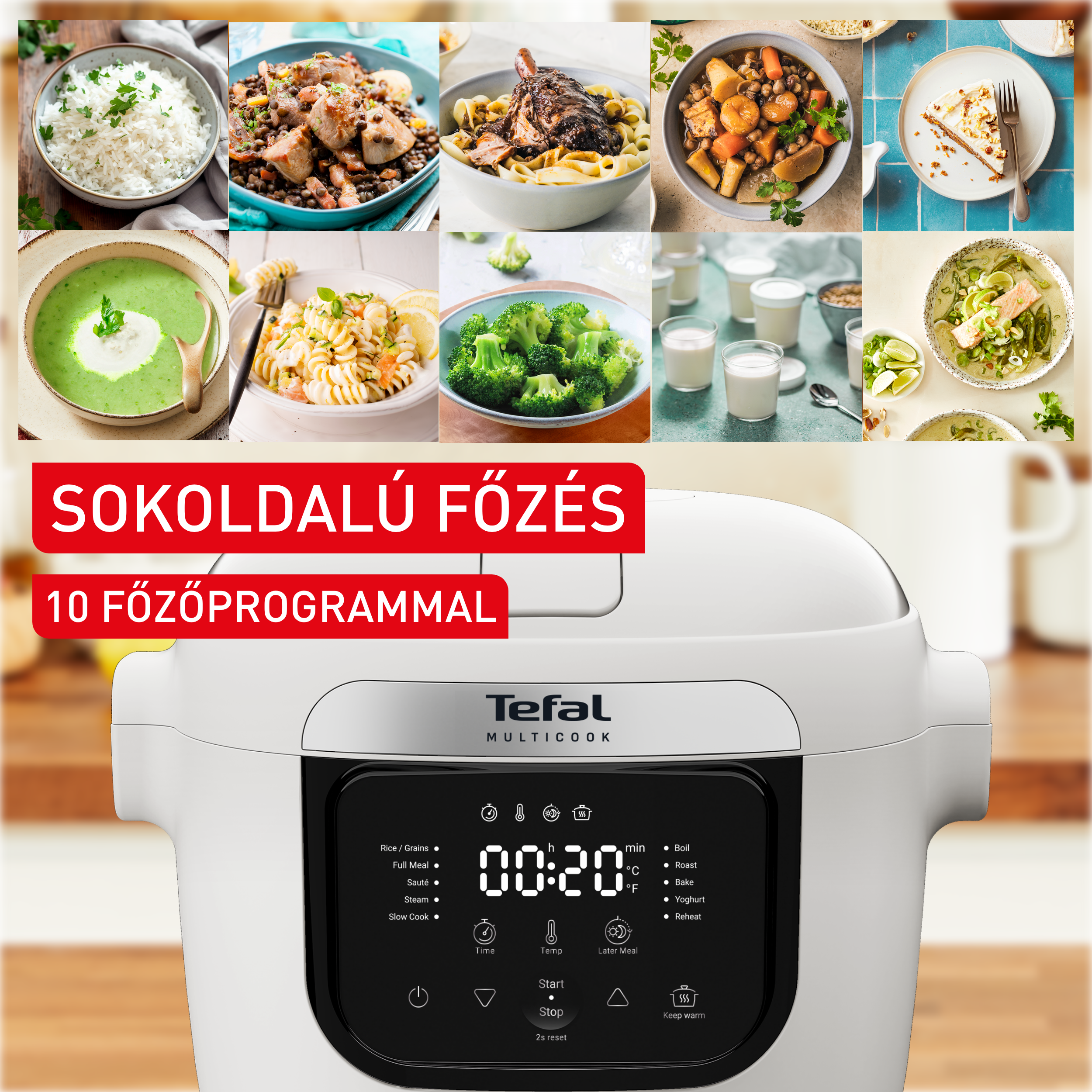 Ételek kollázsa és Tefal Multicooker vezérlőpanellel.