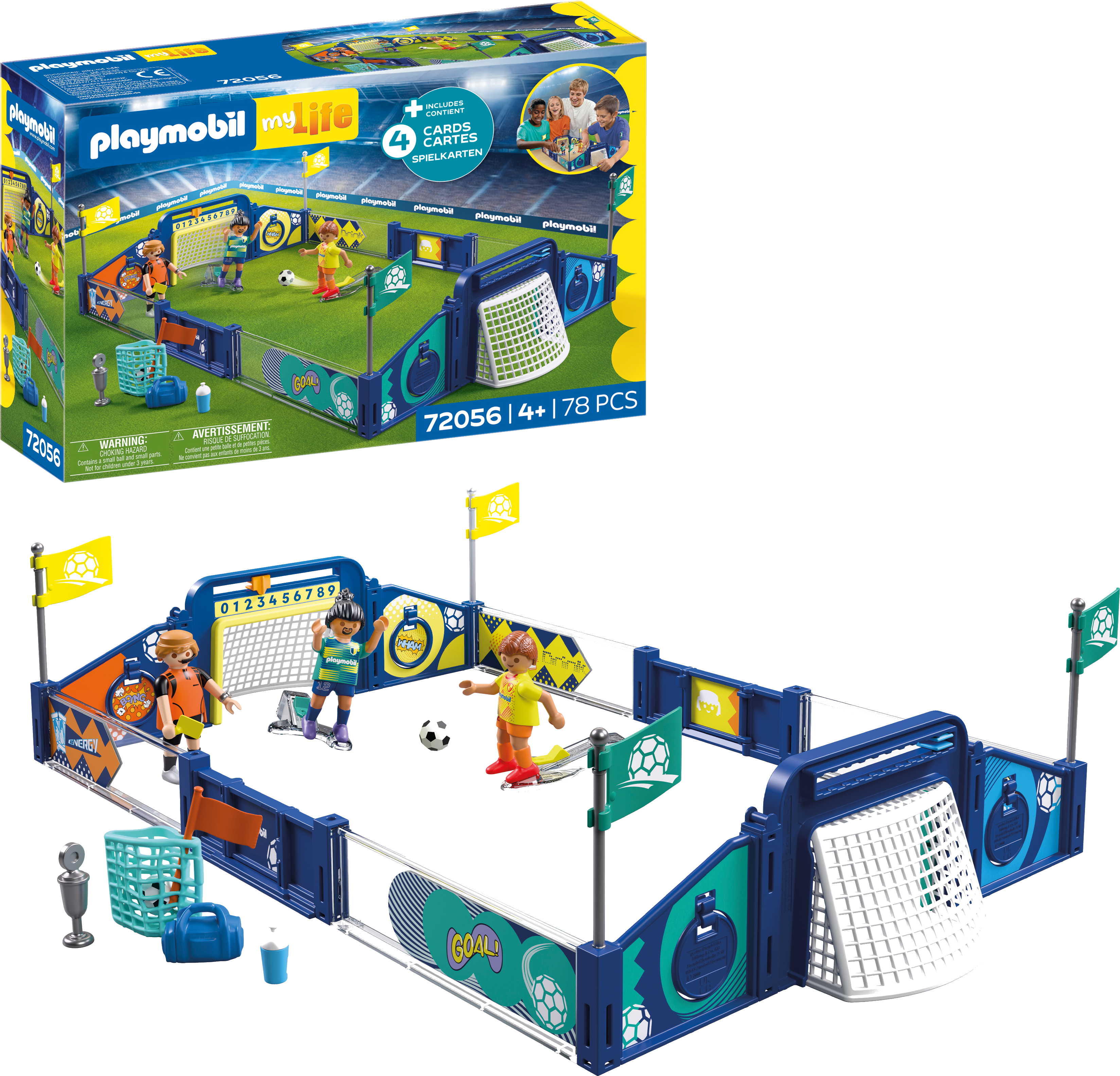 Playmobil Fußballspielset mit Figuren, Toren, Ball und Zubehör auf grünem Kunstrasen.