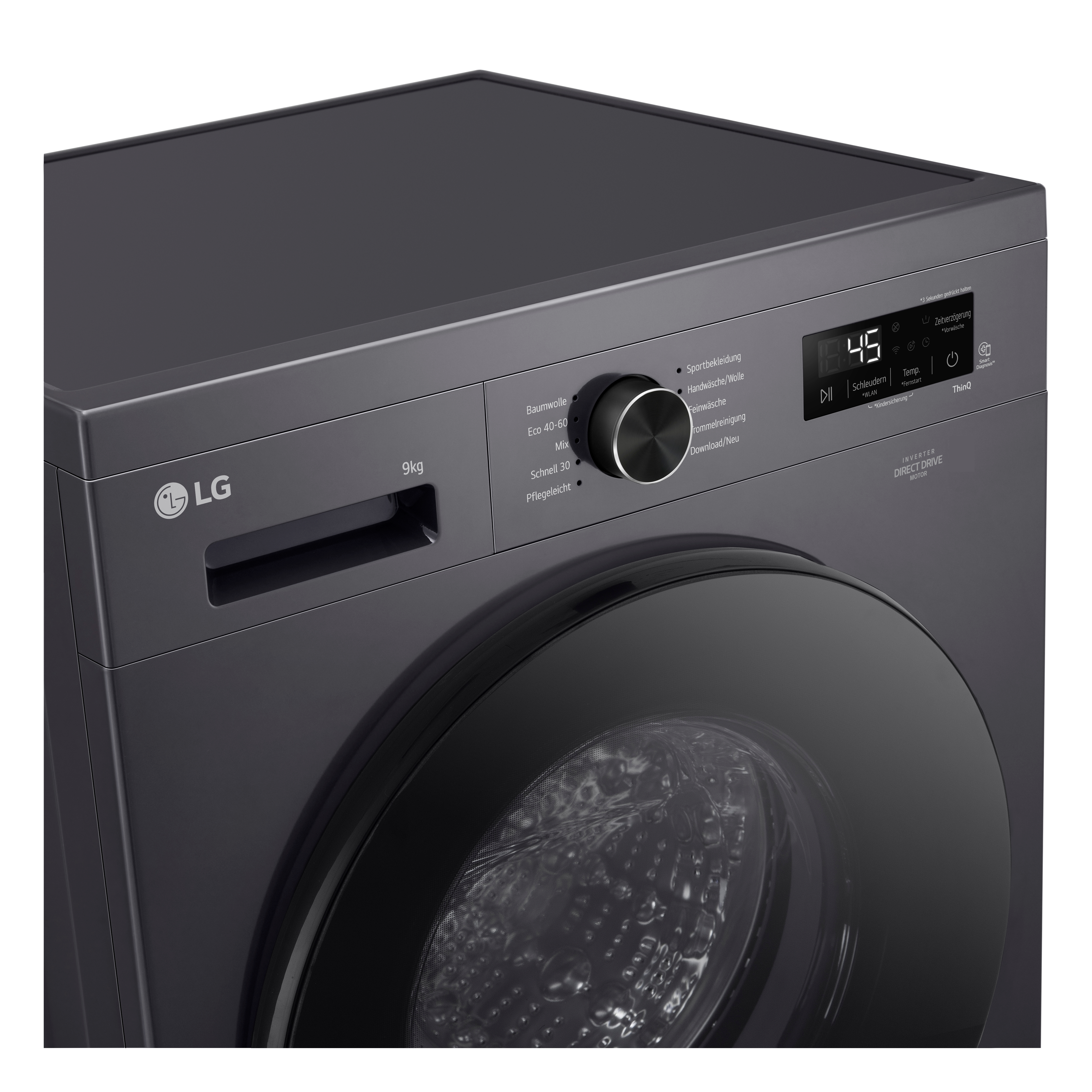 Eine dunkle LG Waschmaschine mit digitaler Anzeige, Drehknopf und Programmen.