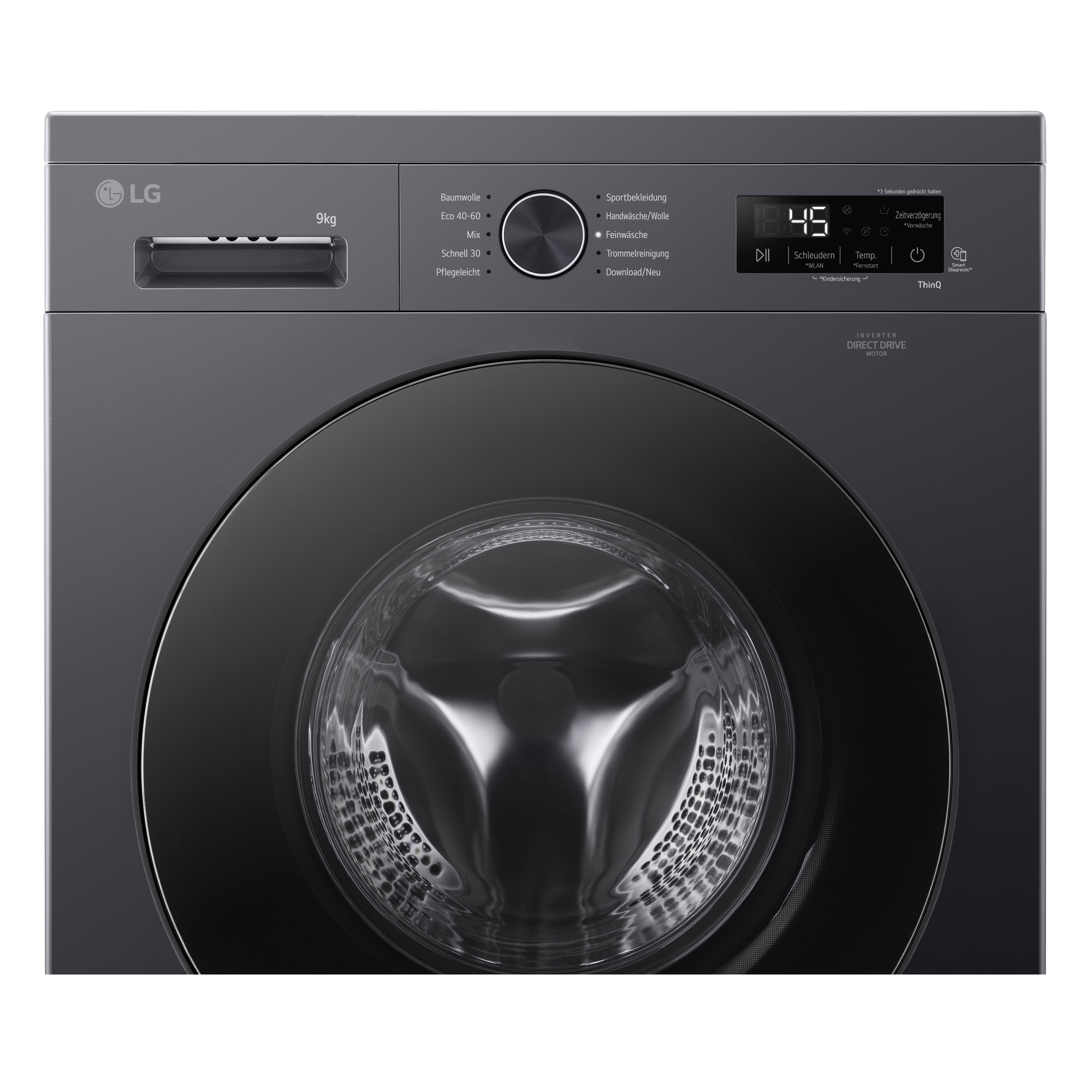 Graue LG Waschmaschine mit 9kg Fassungsvermögen und digitalem Display.