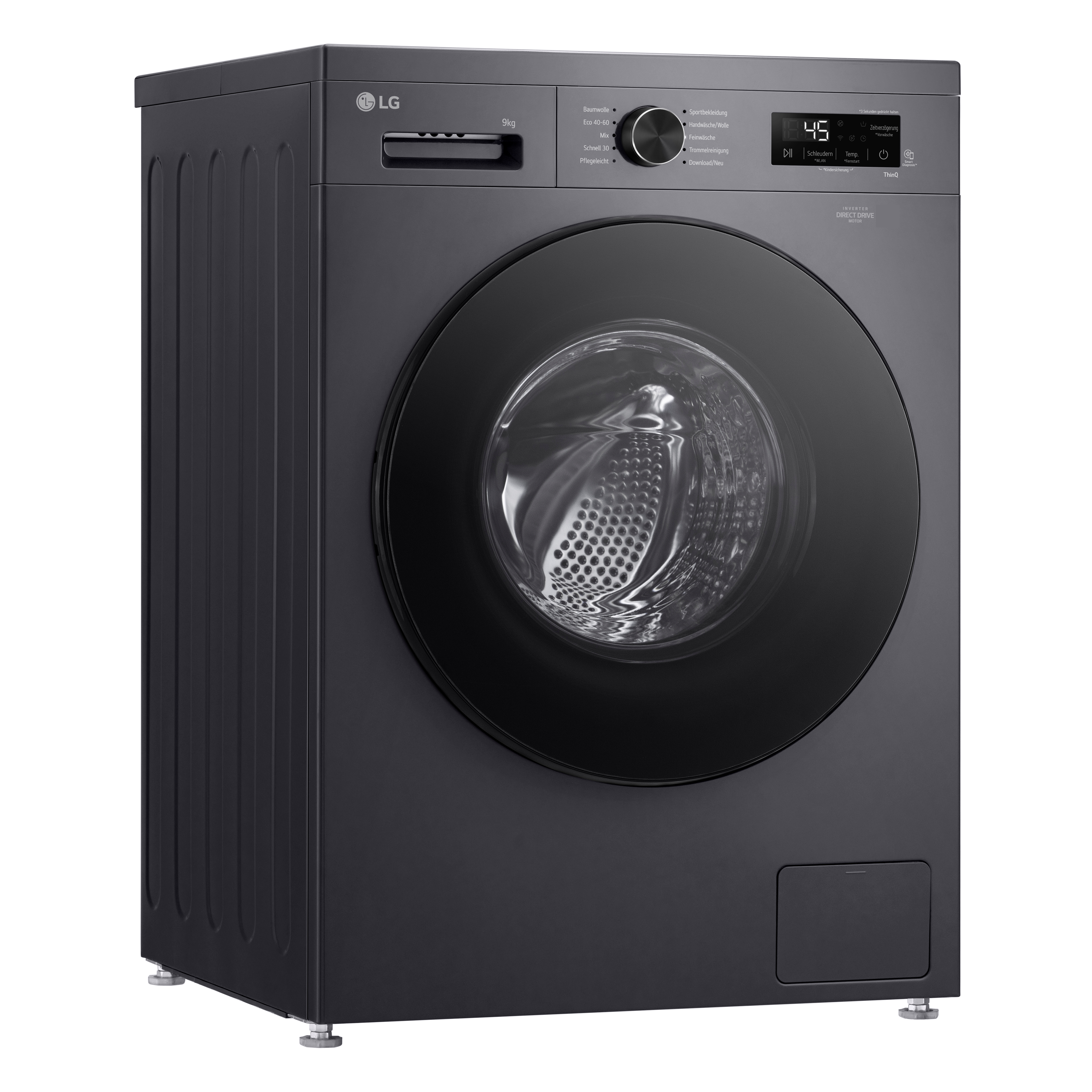 Eine dunkelgraue LG Waschmaschine mit runder schwarzer Tür und Digitalanzeige.