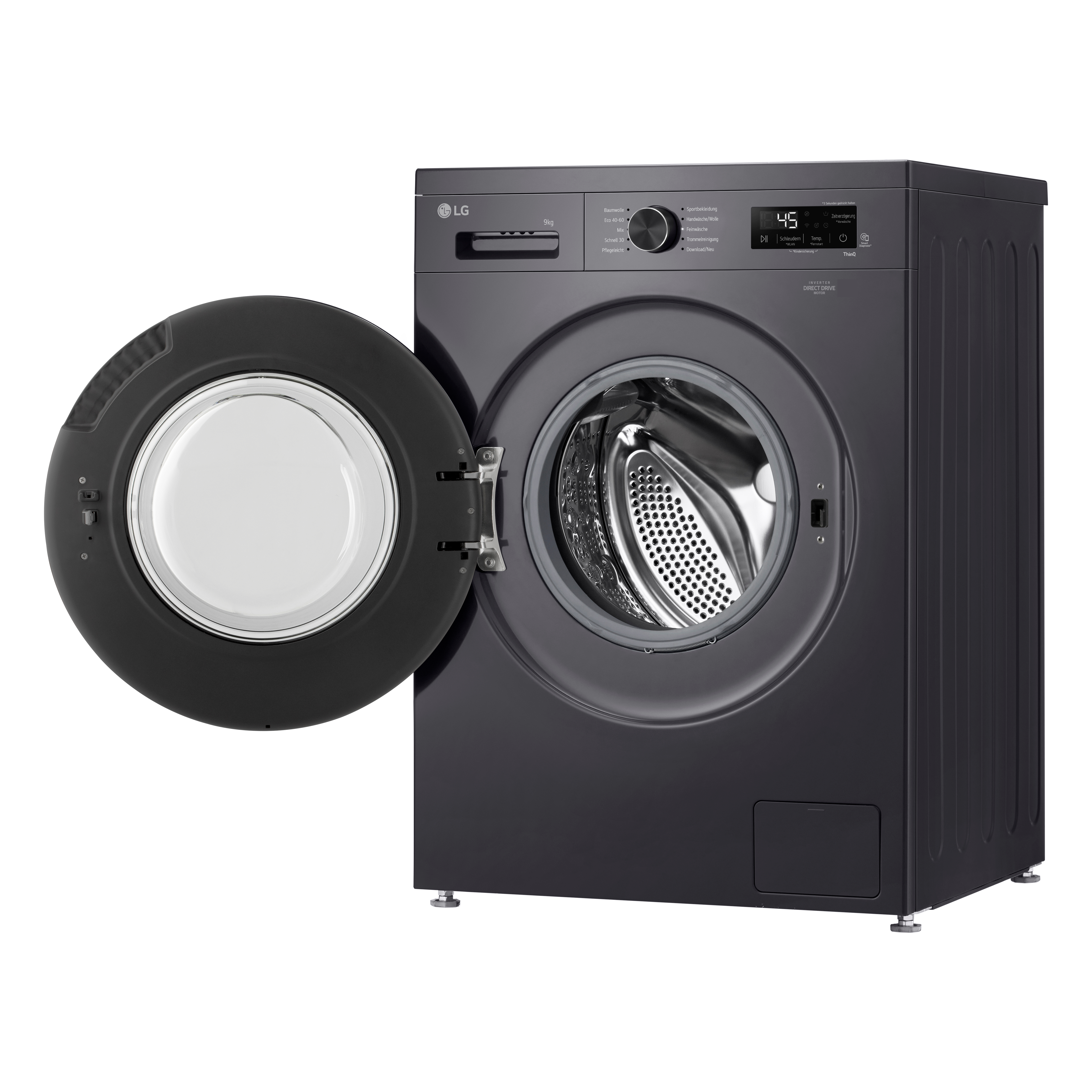 Eine graue LG Waschmaschine mit geöffneter Tür und silberner Trommel.