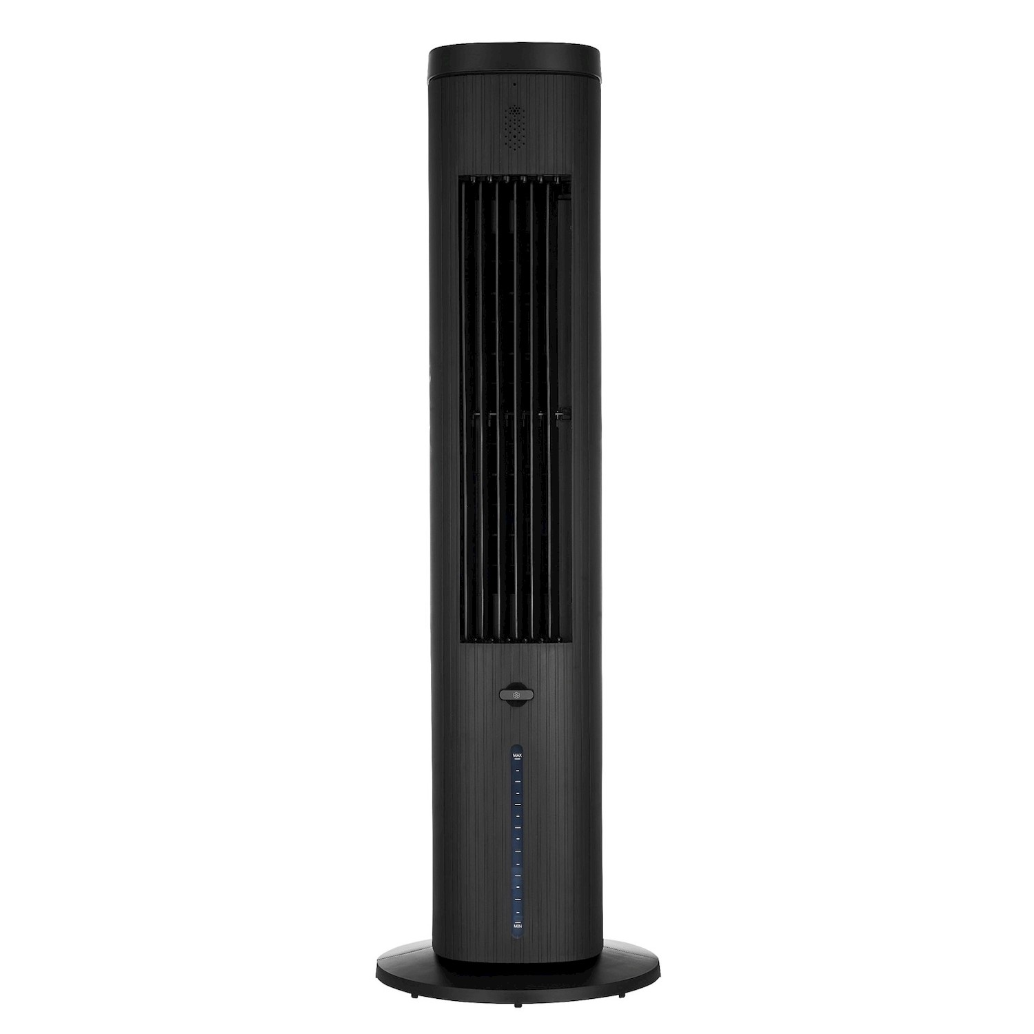 Un ventilatore a torre nero ed elegante con prese d'aria verticali e pannello di controllo.