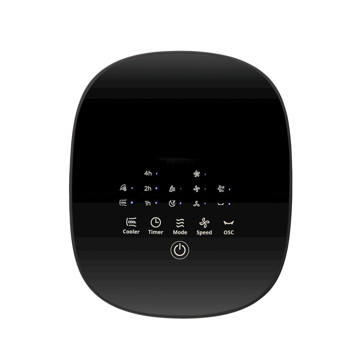 Pannello di controllo nero con icone per ventola, timer e velocità.