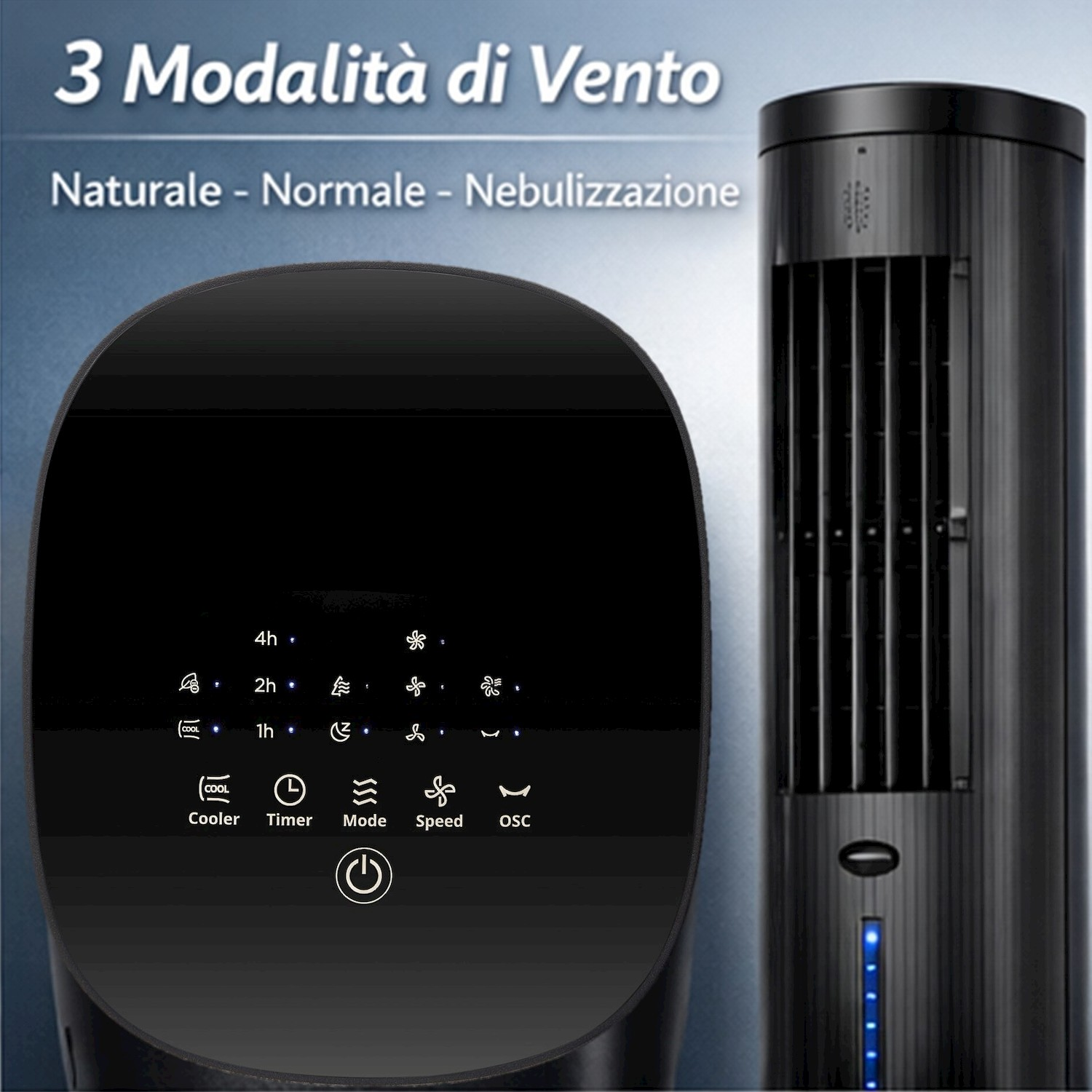 Ventilatore a torre nero con pannello di controllo touchscreen che mostra le modalità.