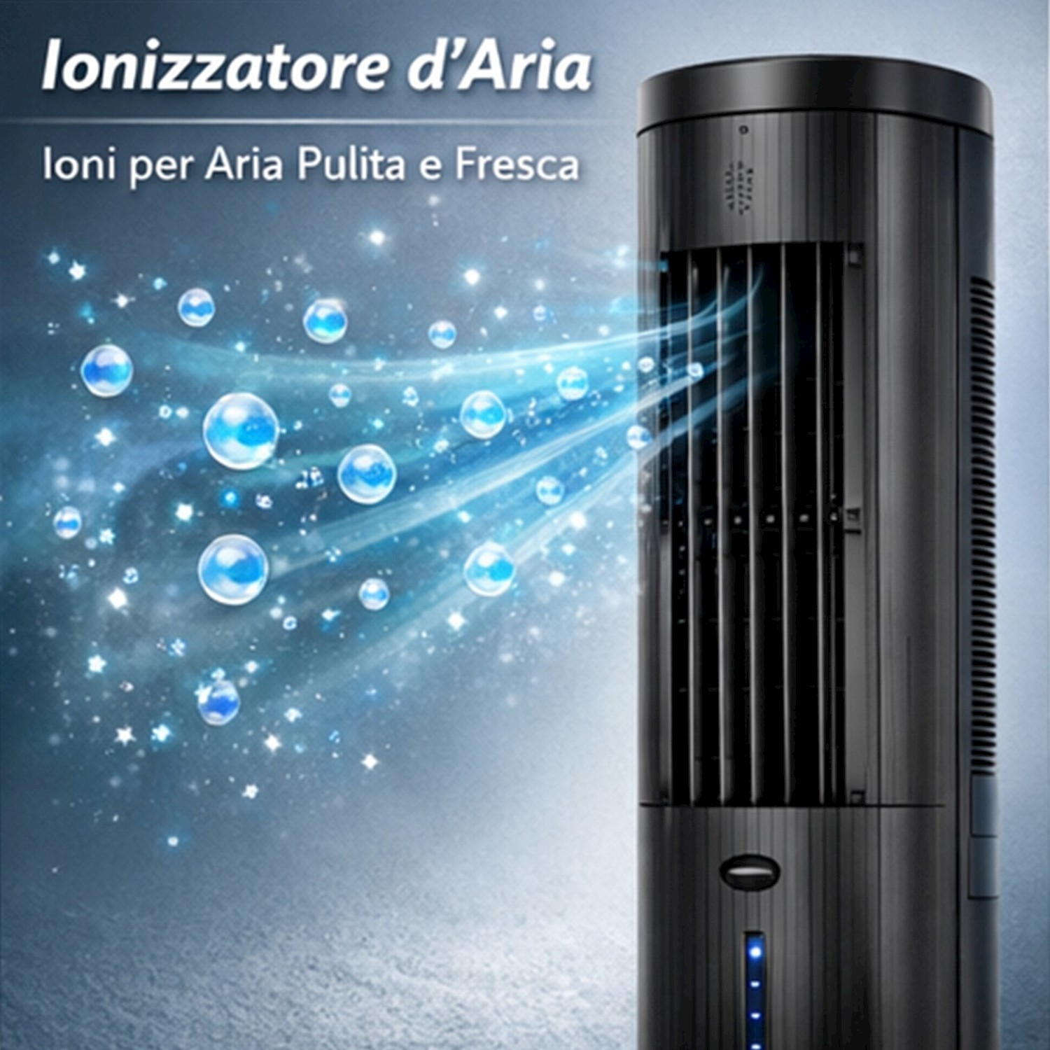 Un purificatore d'aria nero con ioni e bolle blu su sfondo blu.