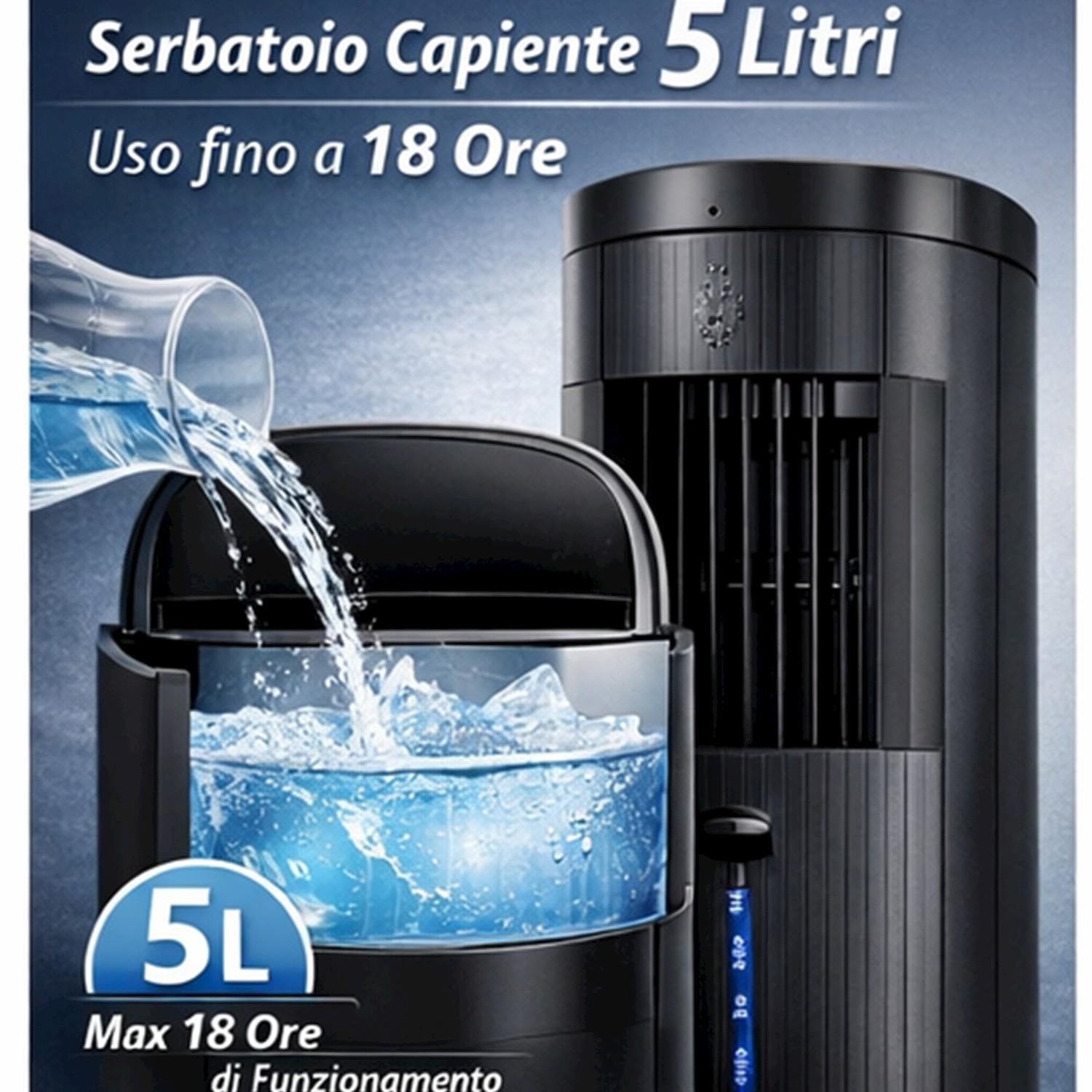 Un refrigeratore d'aria nero con un serbatoio trasparente pieno d'acqua blu.