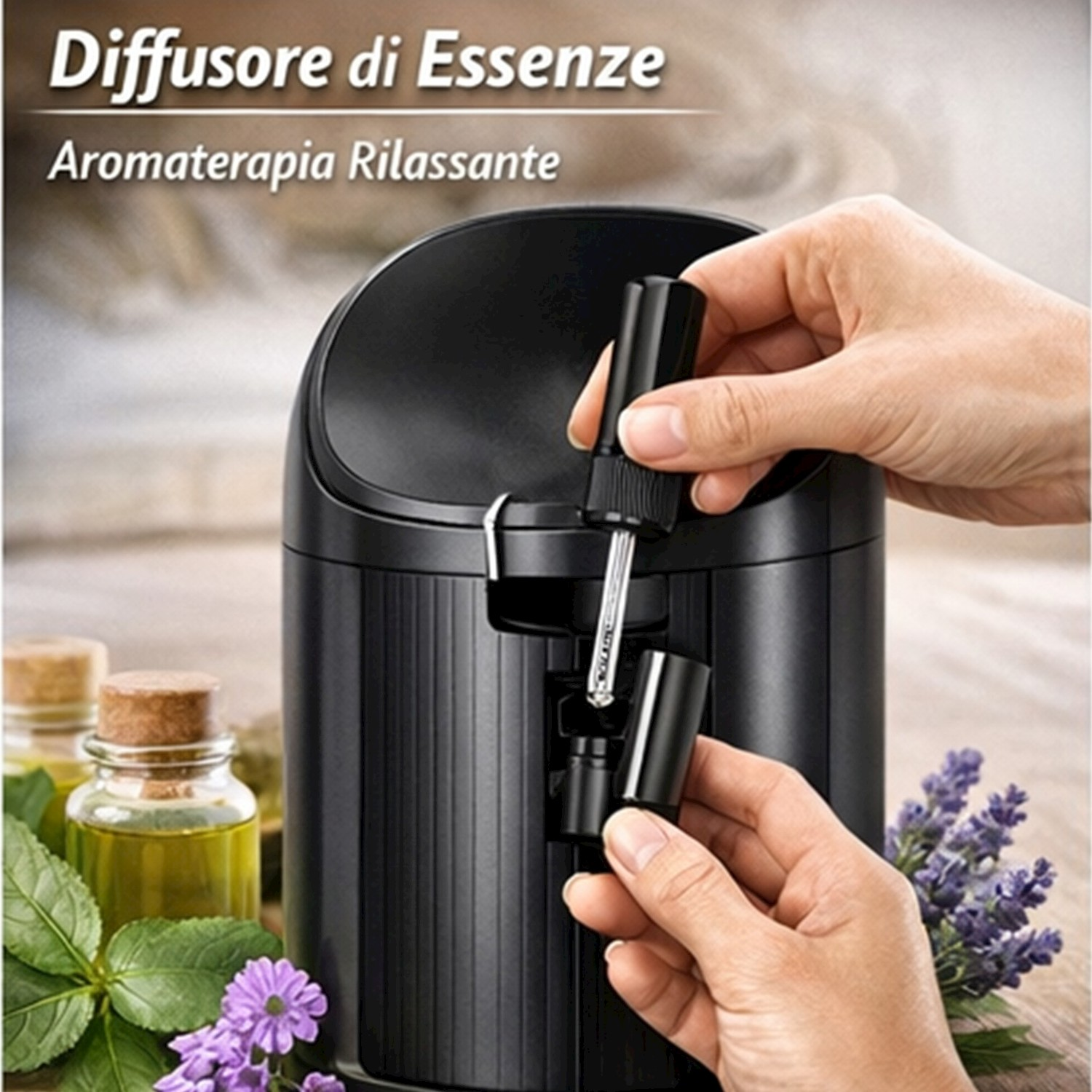 Una mano inserisce una piccola bottiglia di olio essenziale in un diffusore nero.
