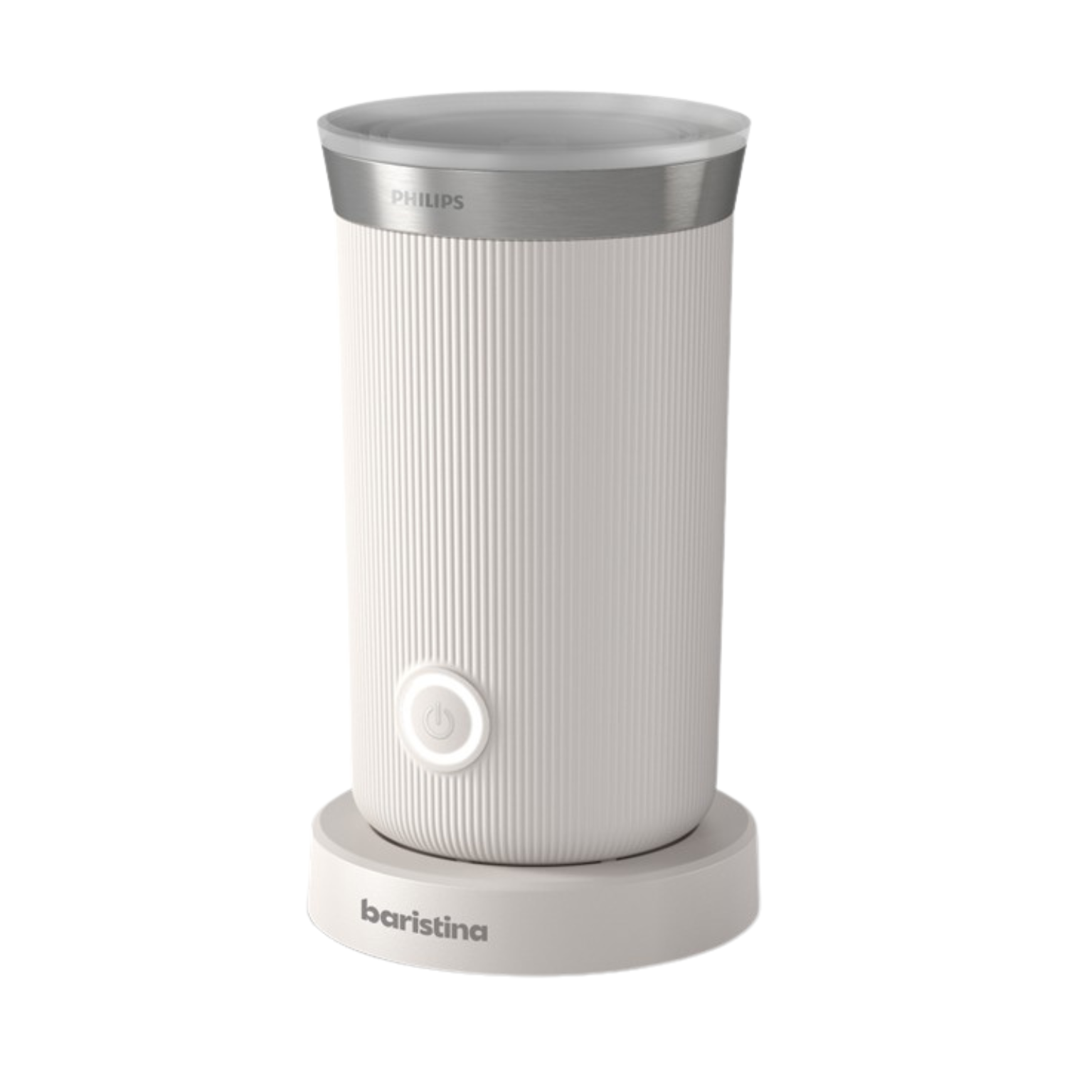 Un espumador de leche Philips blanco con textura acanalada y banda plateada.