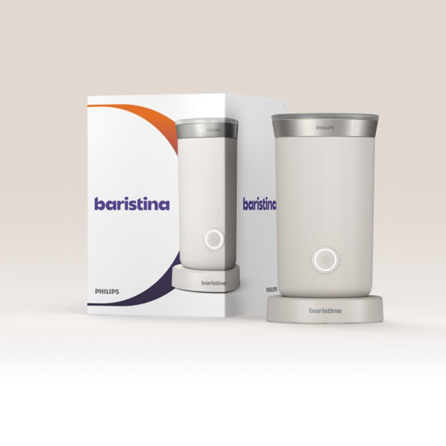 Dos molinillos de café Philips Baristina blancos con tapas plateadas, uno expuesto y otro en su caja.