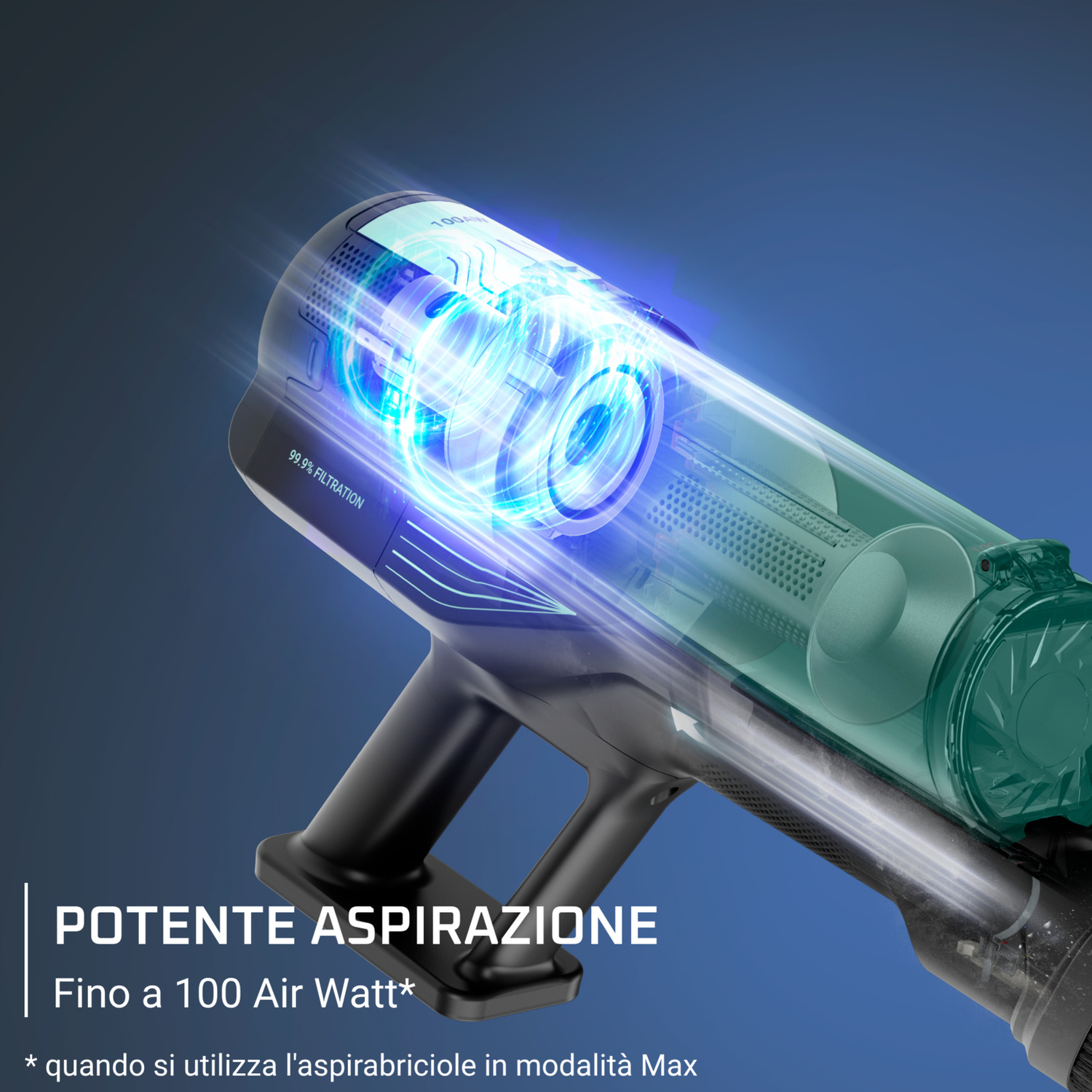 Primo piano di un'aspirapolvere senza fili con componenti di aspirazione luminosi e filtrazione 99,9%.