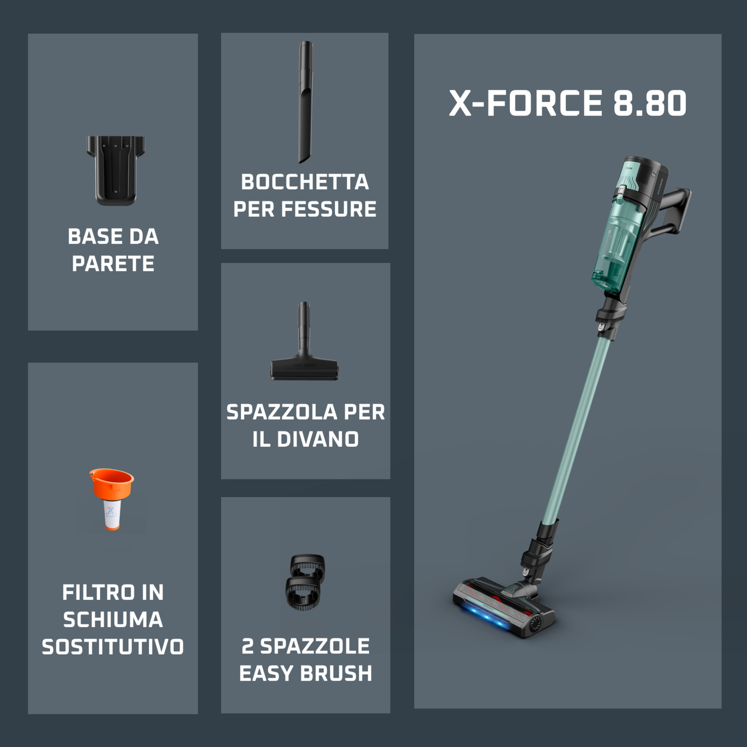Aspirapolvere X-Force 8.80 con accessori: base parete, bocchetta fessure, spazzola divano, filtro, spazzole.