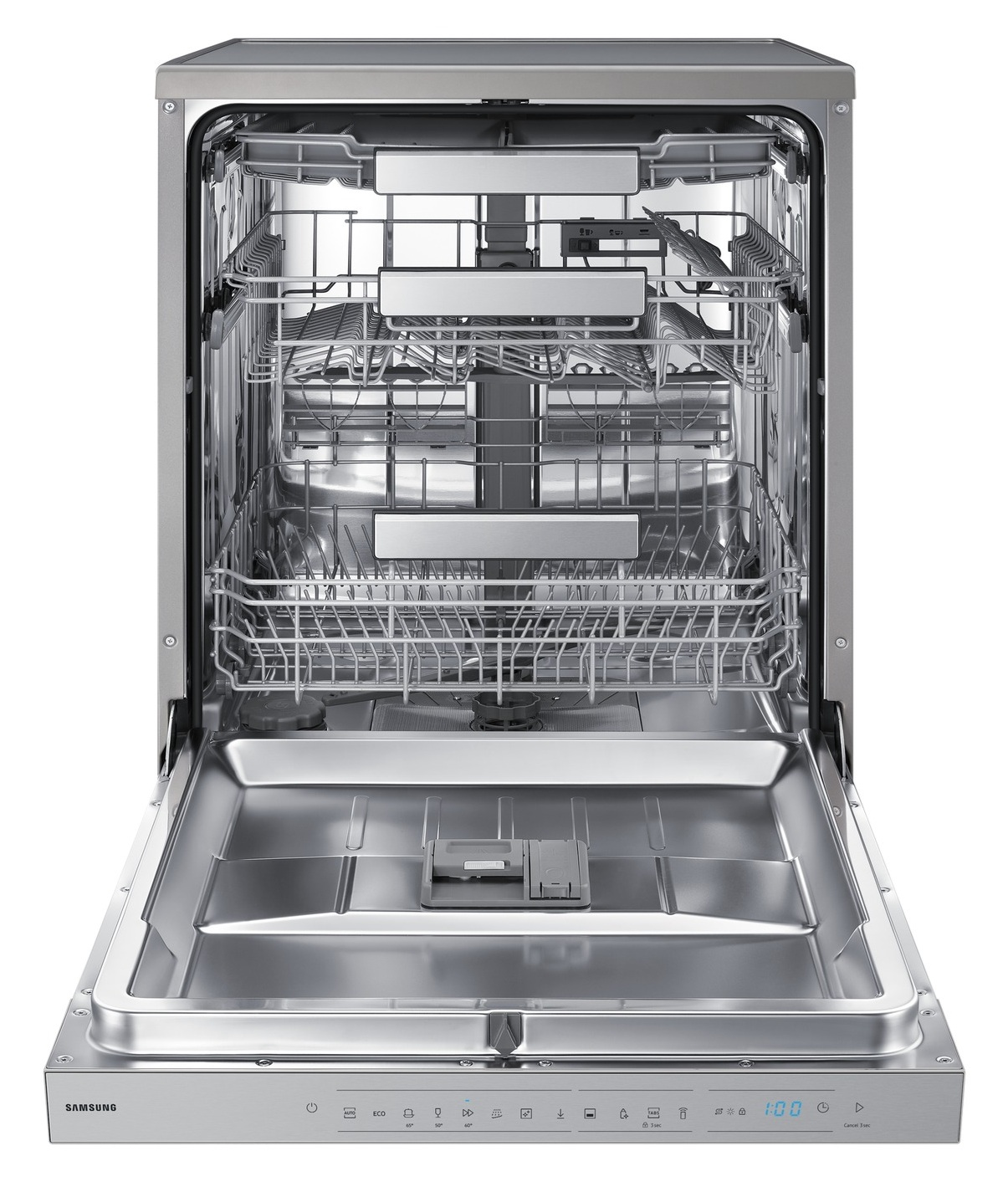 Otwarty wnętrze zmywarki ze stali nierdzewnej z dwoma koszami i panelem sterowania pokazującym 1:00.