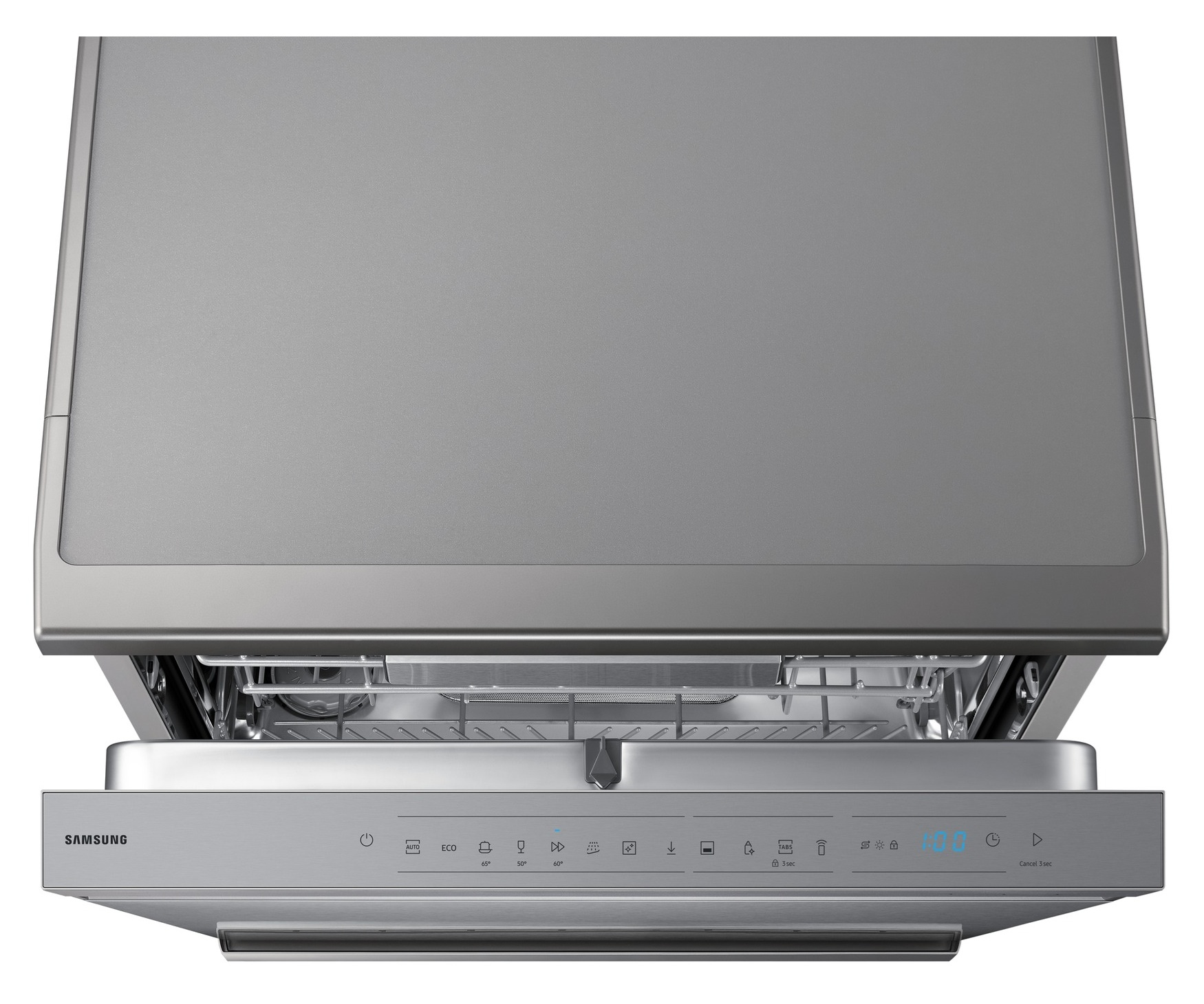 Srebrna zmywarka Samsung z otwartymi drzwiami i panelem sterowania.