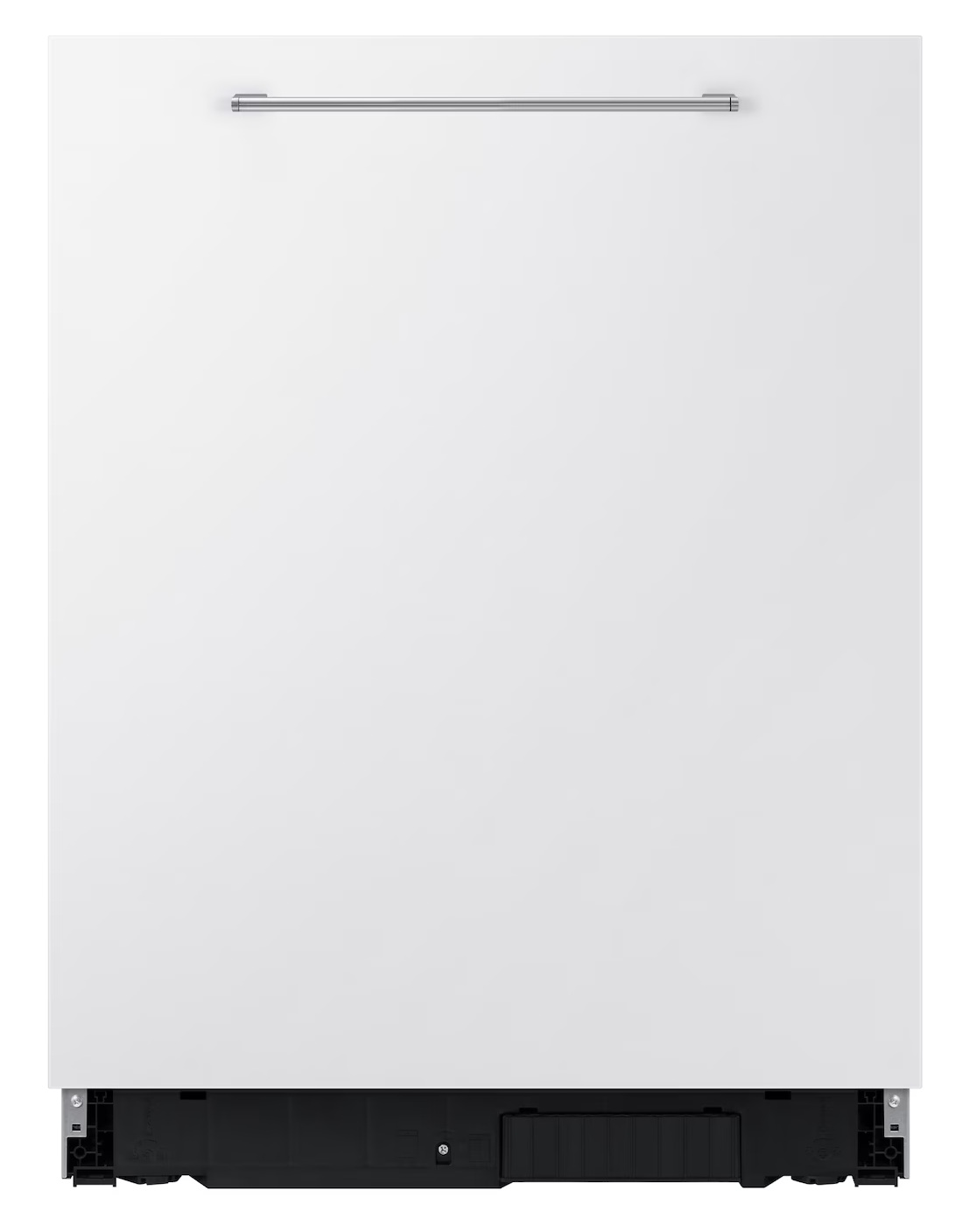 Biała zmywarka z srebrnym uchwytem i czarną podstawą.