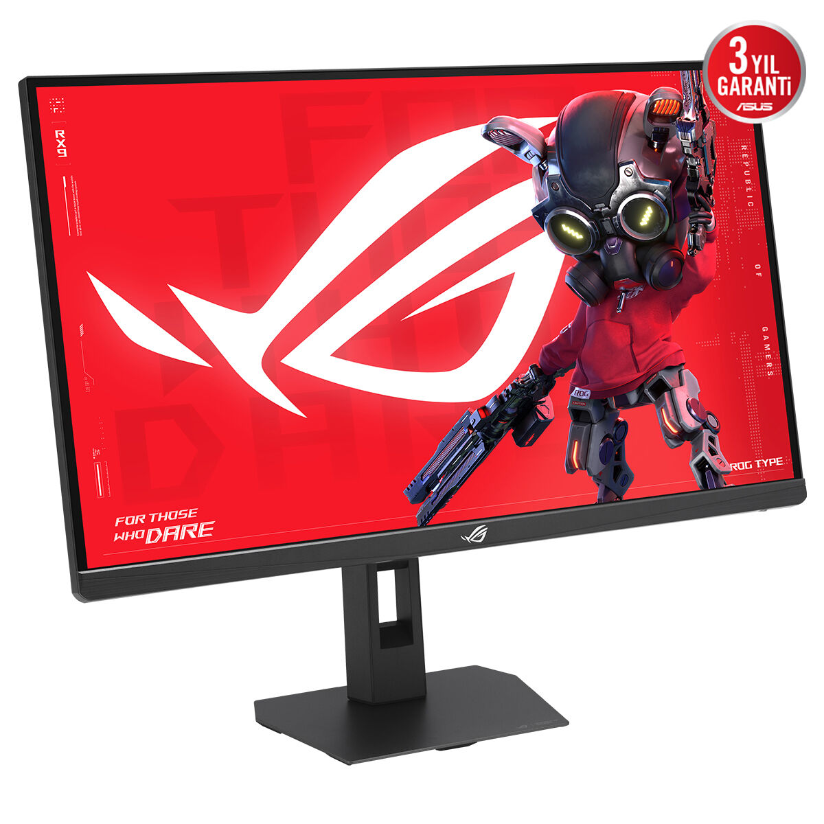 Monitör, beyaz ROG logosu ve robot karakteri olan kırmızı ekranı gösteriyor.