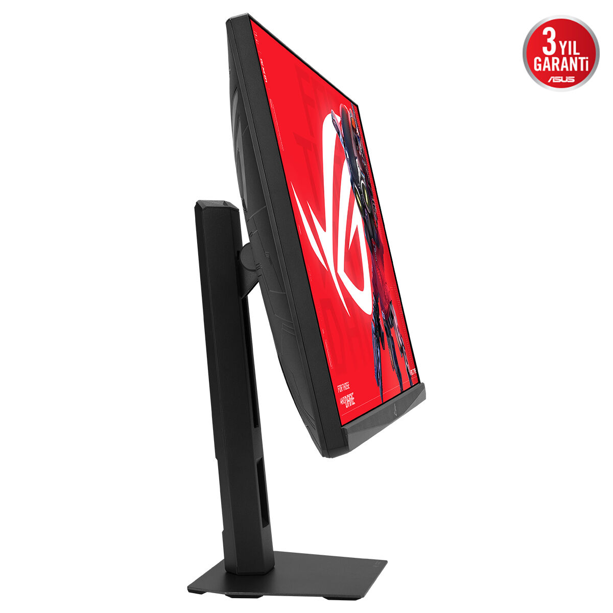 Kırmızı ROG logosuna ve '3 yıl garanti' etiketine sahip siyah oyuncu monitörü.