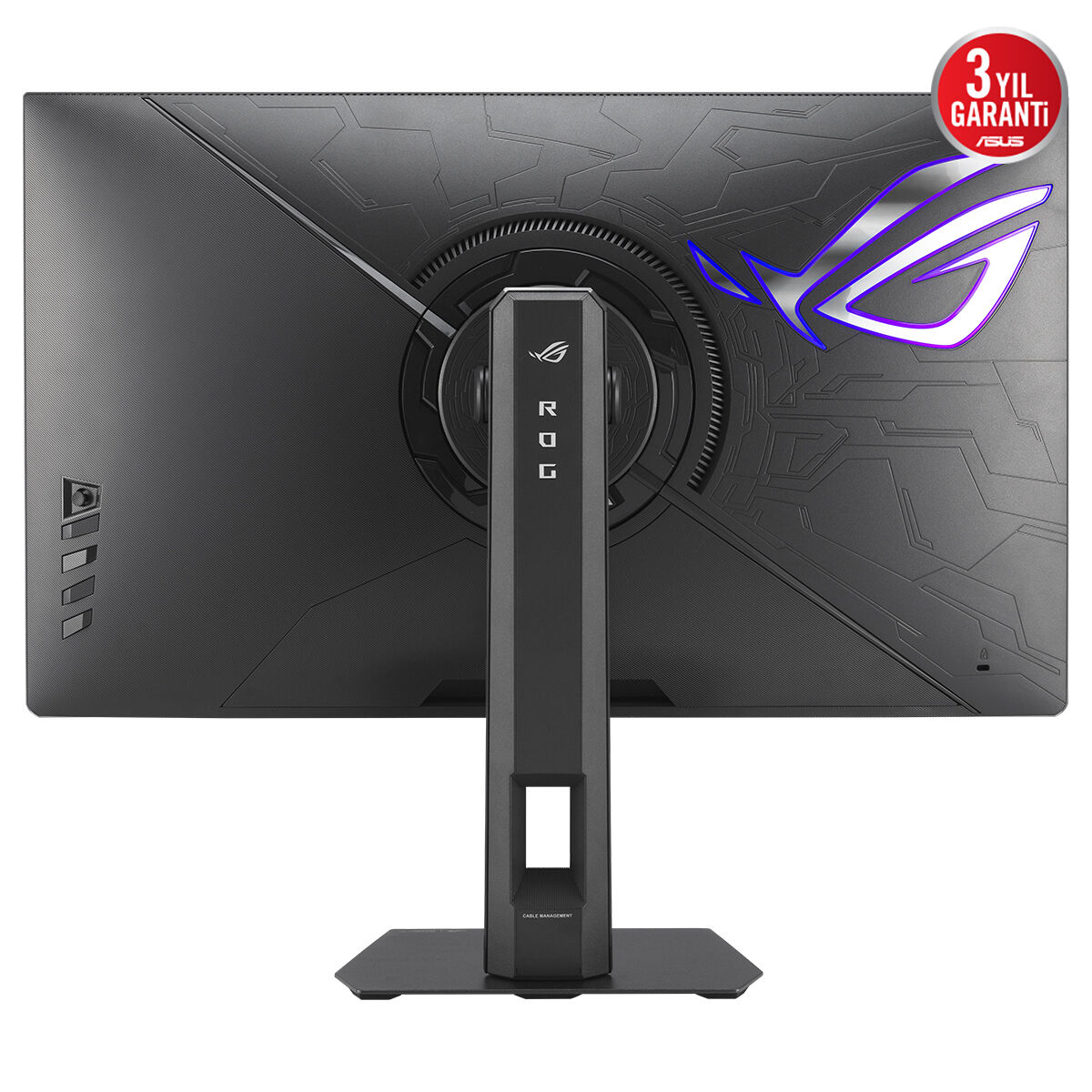 ROG logolu ve garanti etiketli siyah monitörün arkası.
