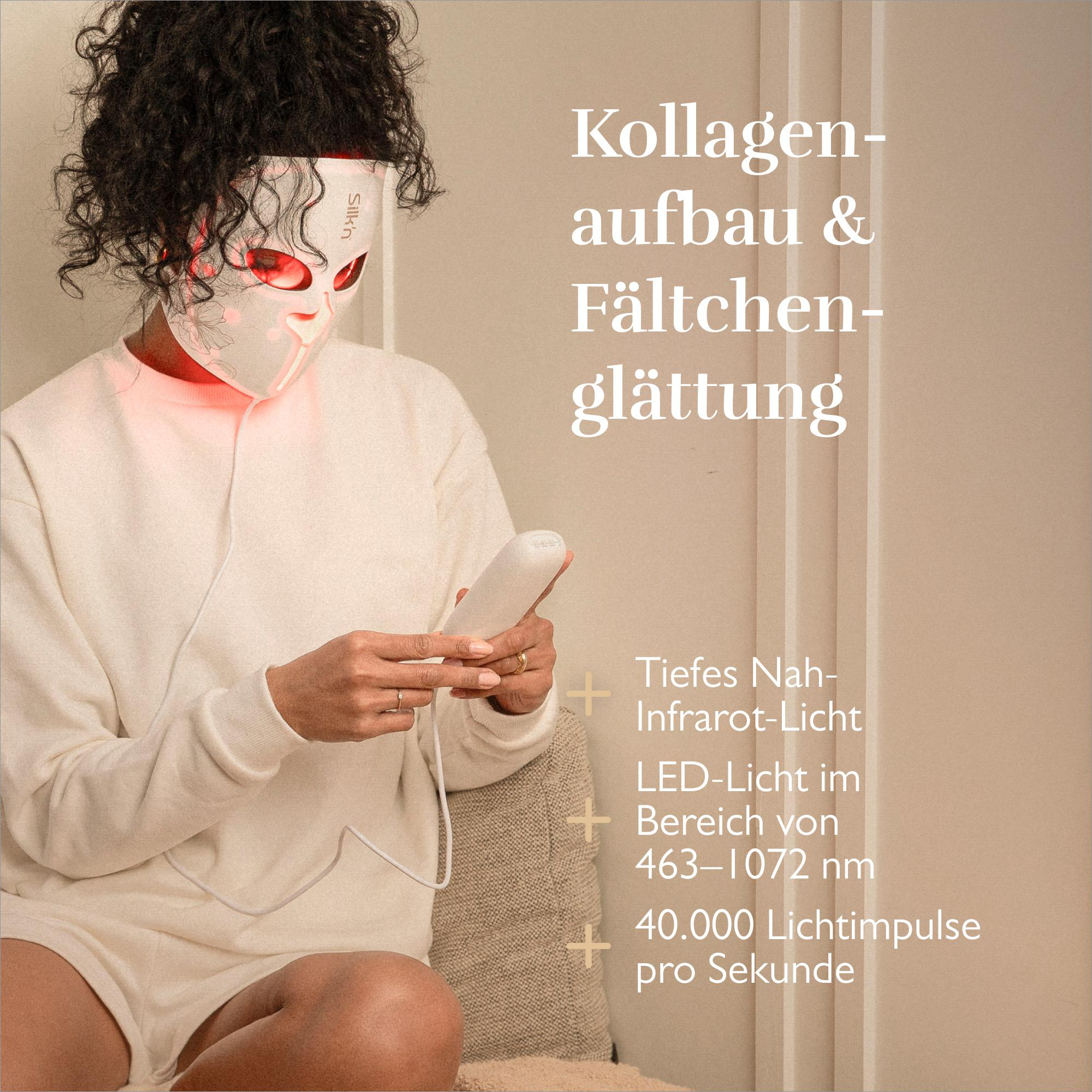 Frau mit rotem LED-Gesichtspflegegerät, das Kollagenaufbau und Faltenreduktion verspricht.