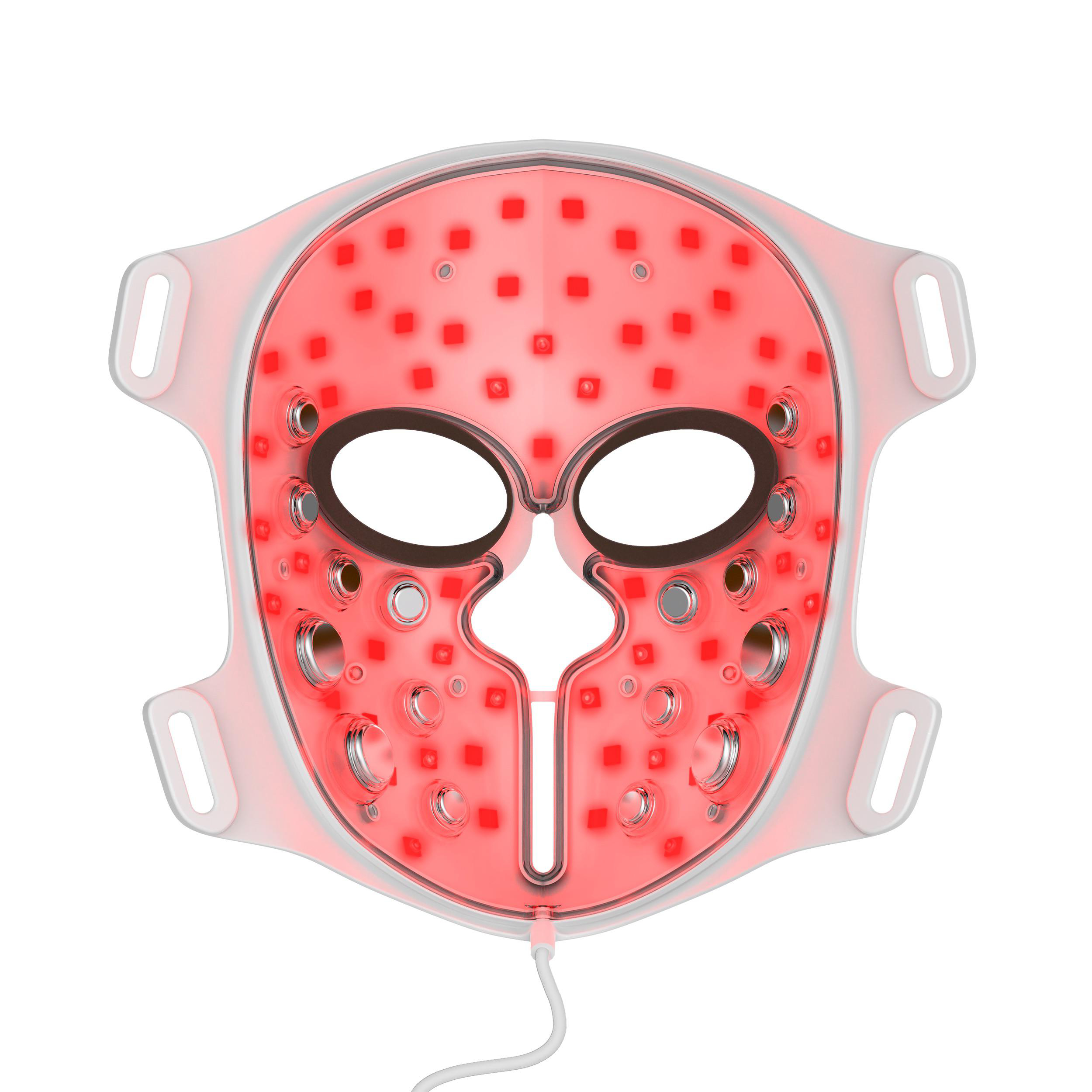 Eine rote LED-Gesichtsmaske mit Augen- und Mundöffnungen und einem Kabel.