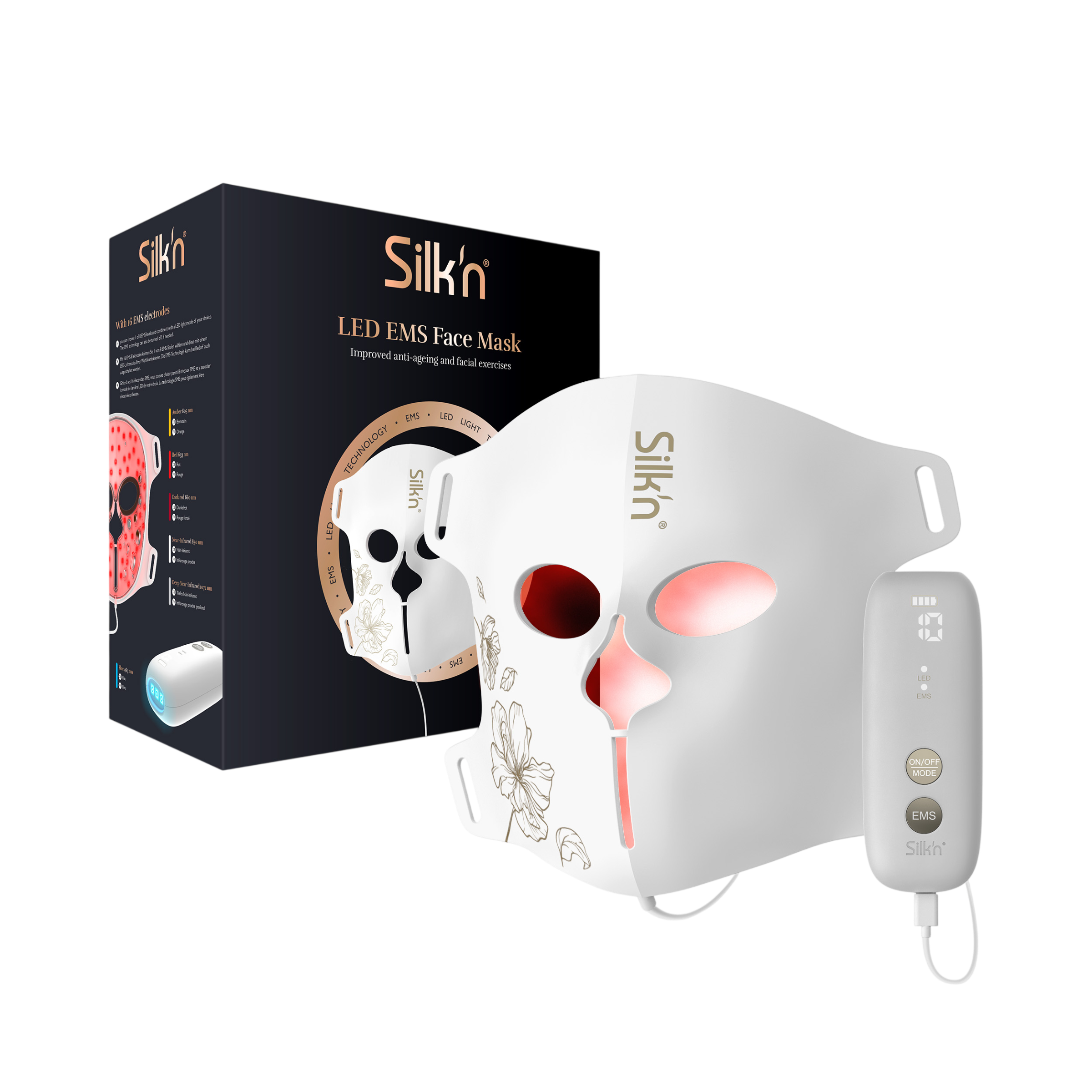 Weiße Gesichtsmaske mit LED-Licht und EMS-Technologie, neben einer Packung.