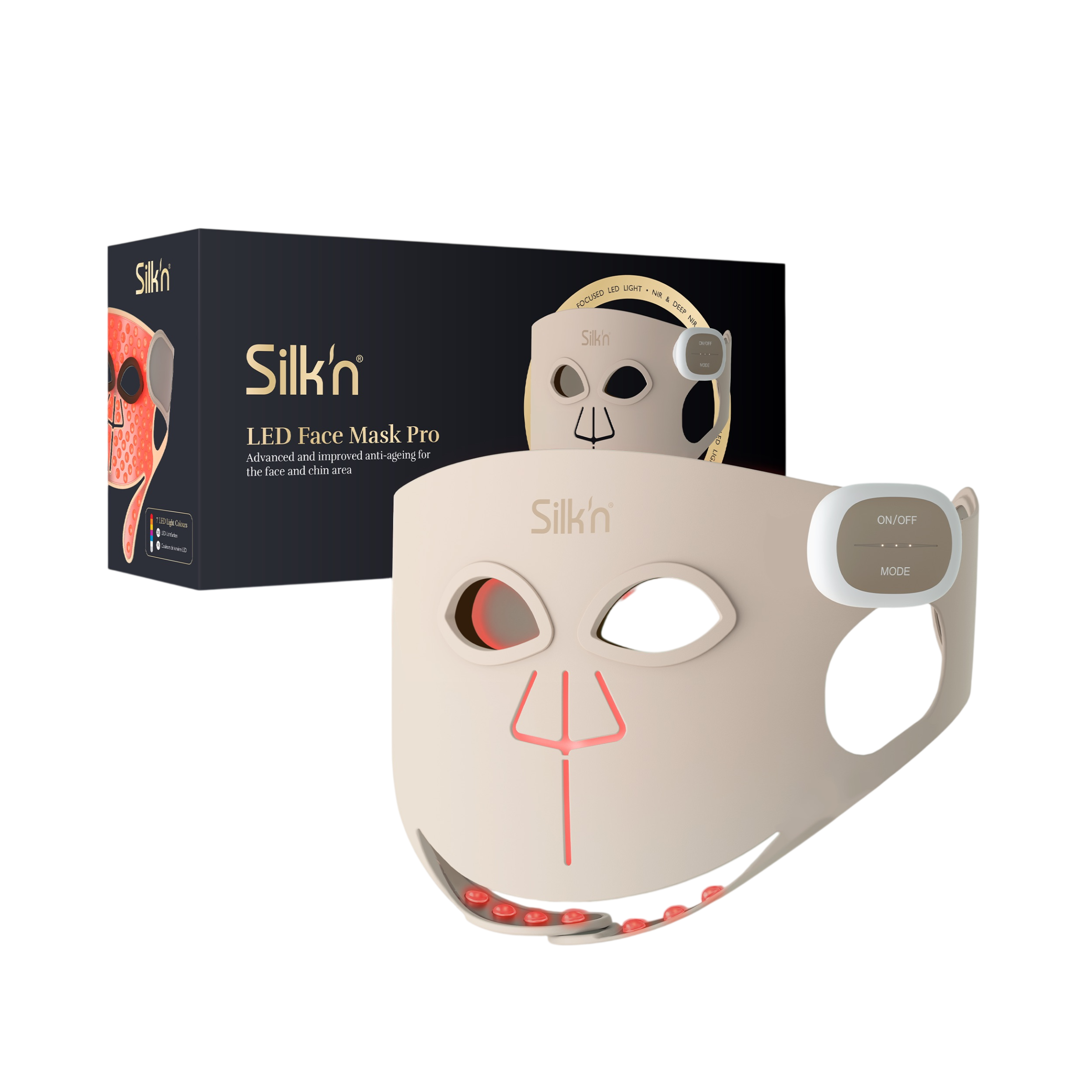 Eine beige Gesichtsmaske mit roten Lichtern und ein Karton daneben.