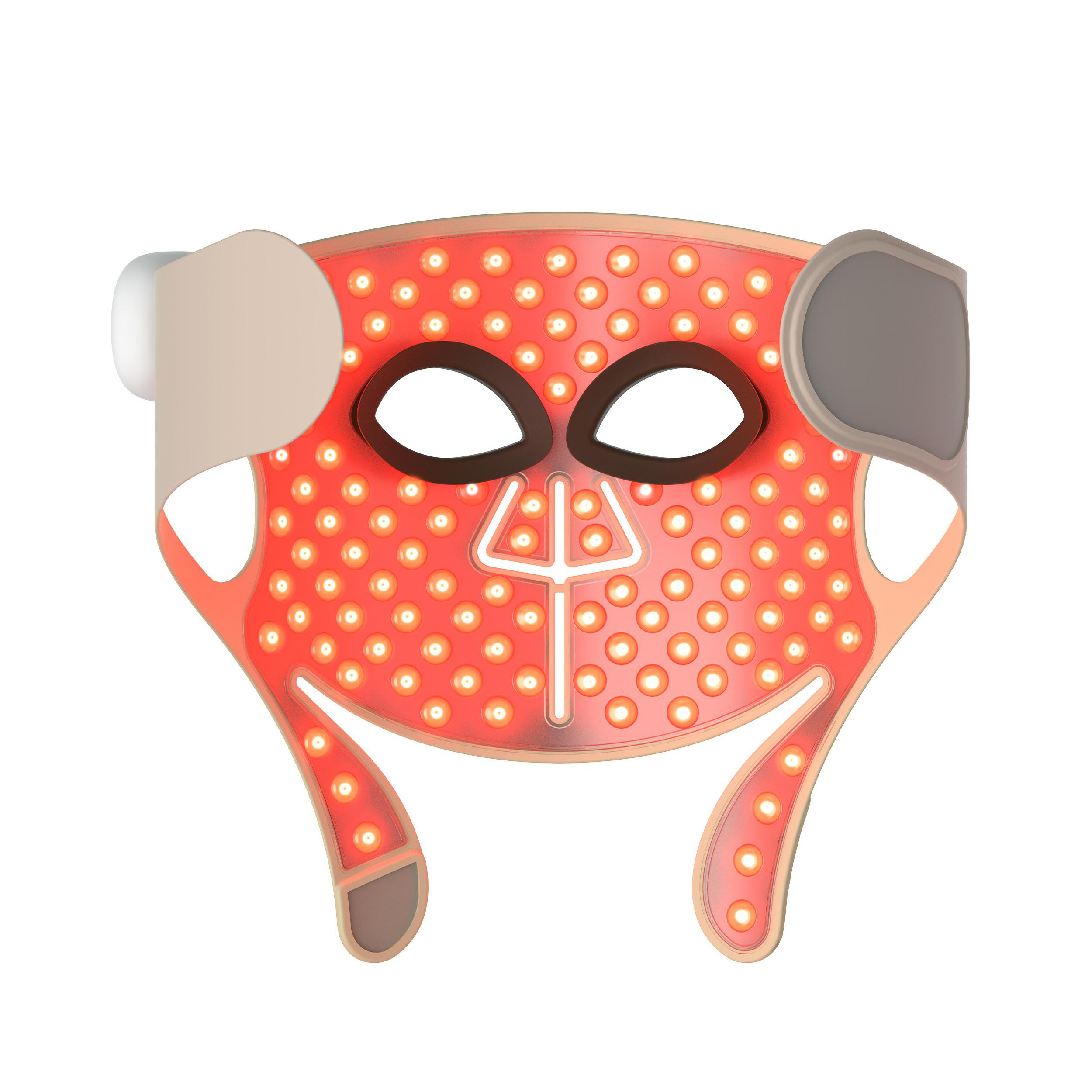 Eine Gesichtsmaske mit roten Lichtern und grauen Ohrenpartien.