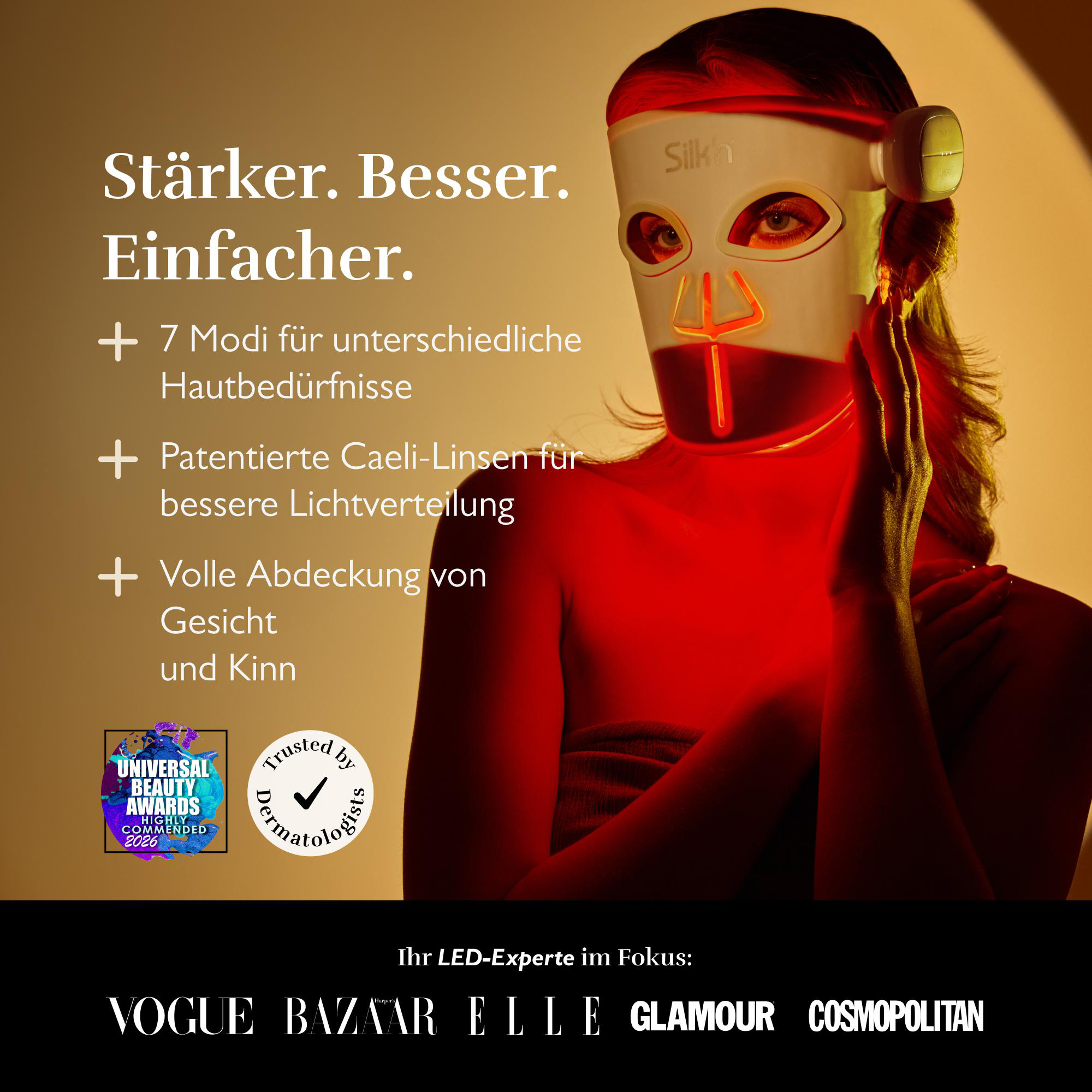 Eine Frau trägt eine weiße LED-Gesichtsmaske mit roten Lichtern. Text hebt Vorteile hervor.