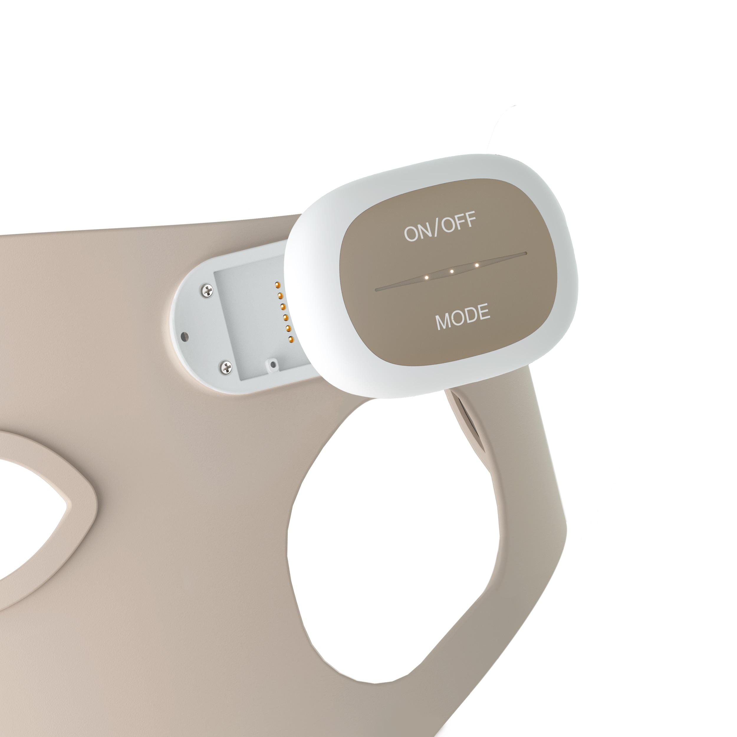 Ein beige-farbenes Gerät mit "ON/OFF" und "MODE" Beschriftung und LEDs.