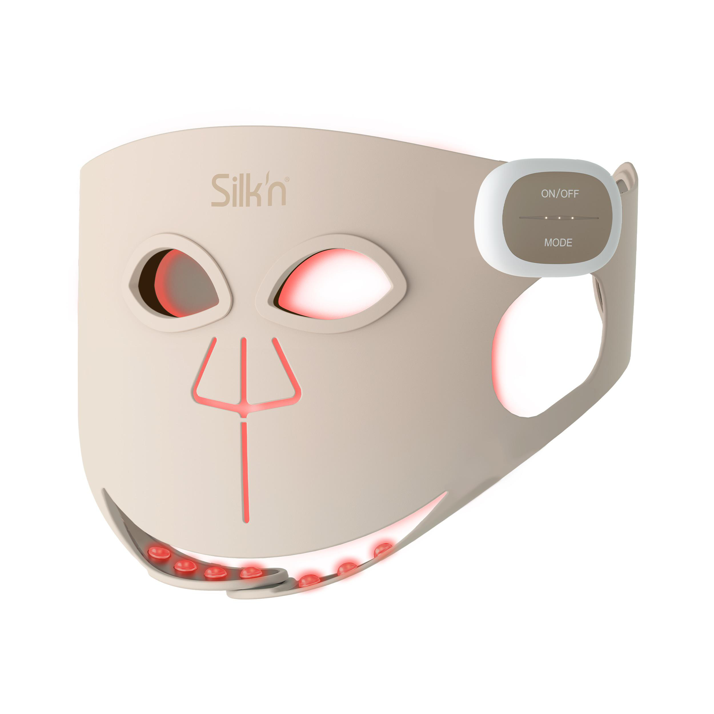 Eine beige Gesichtsmaske mit roten Lichtern und Bedienelementen.