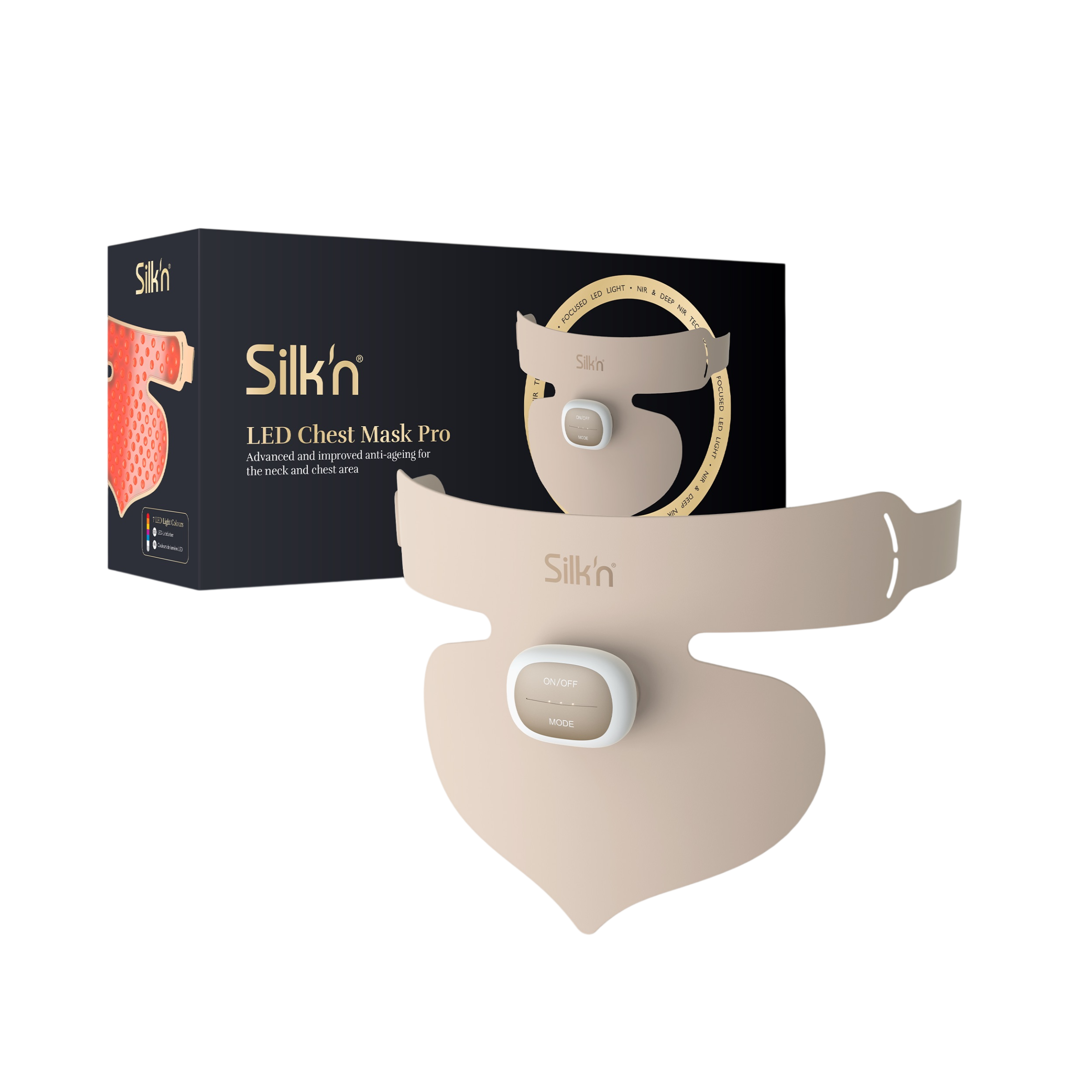 Silk'n LED Brustmaske Pro mit Kontrollmodul und Verpackung auf schwarzem Hintergrund.