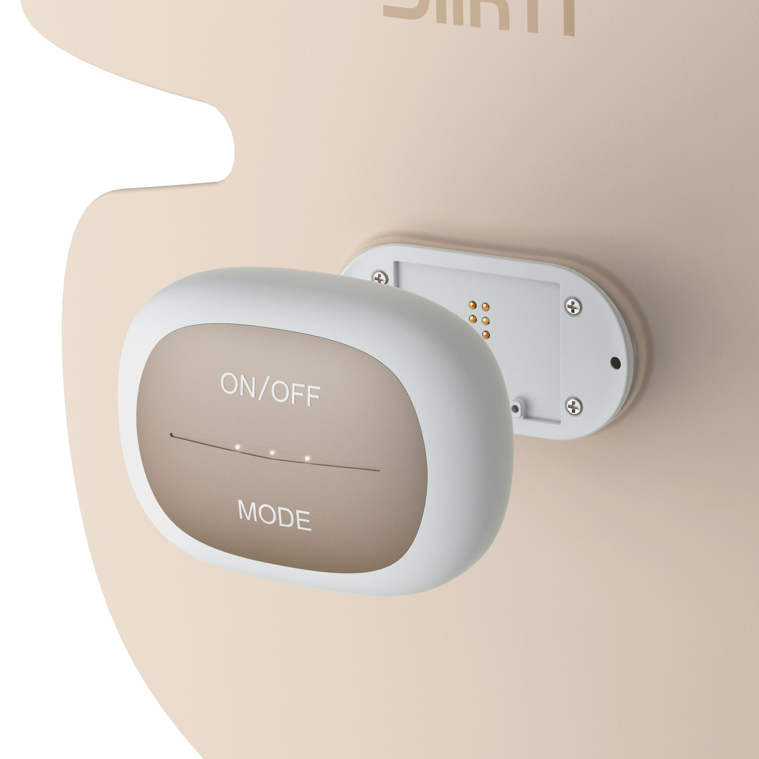 Ein beigefarbenes Gerät mit "ON/OFF" und "MODE" Beschriftung.