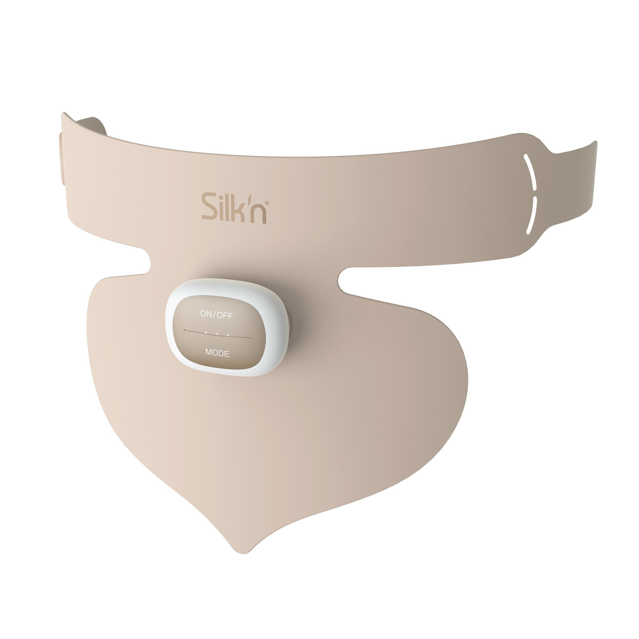 Ein beigefarbenes Nackenpflegegerät mit 'Silk'n'-Logo und Bedienelementen.