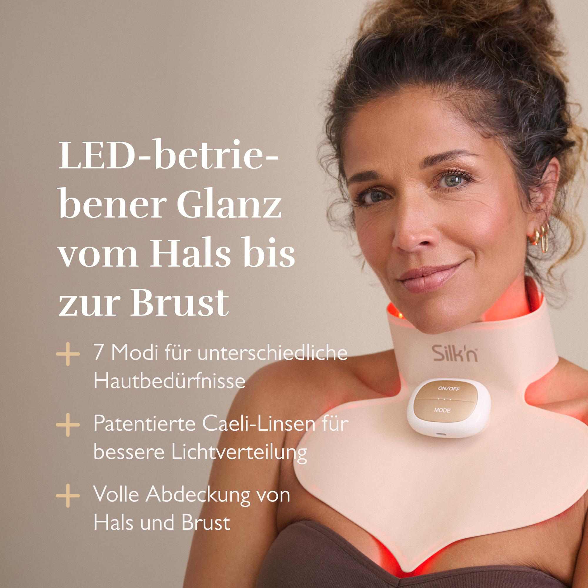 Frau mit Hals- und Brust-LED-Gerät, das rote Lichter abgibt.