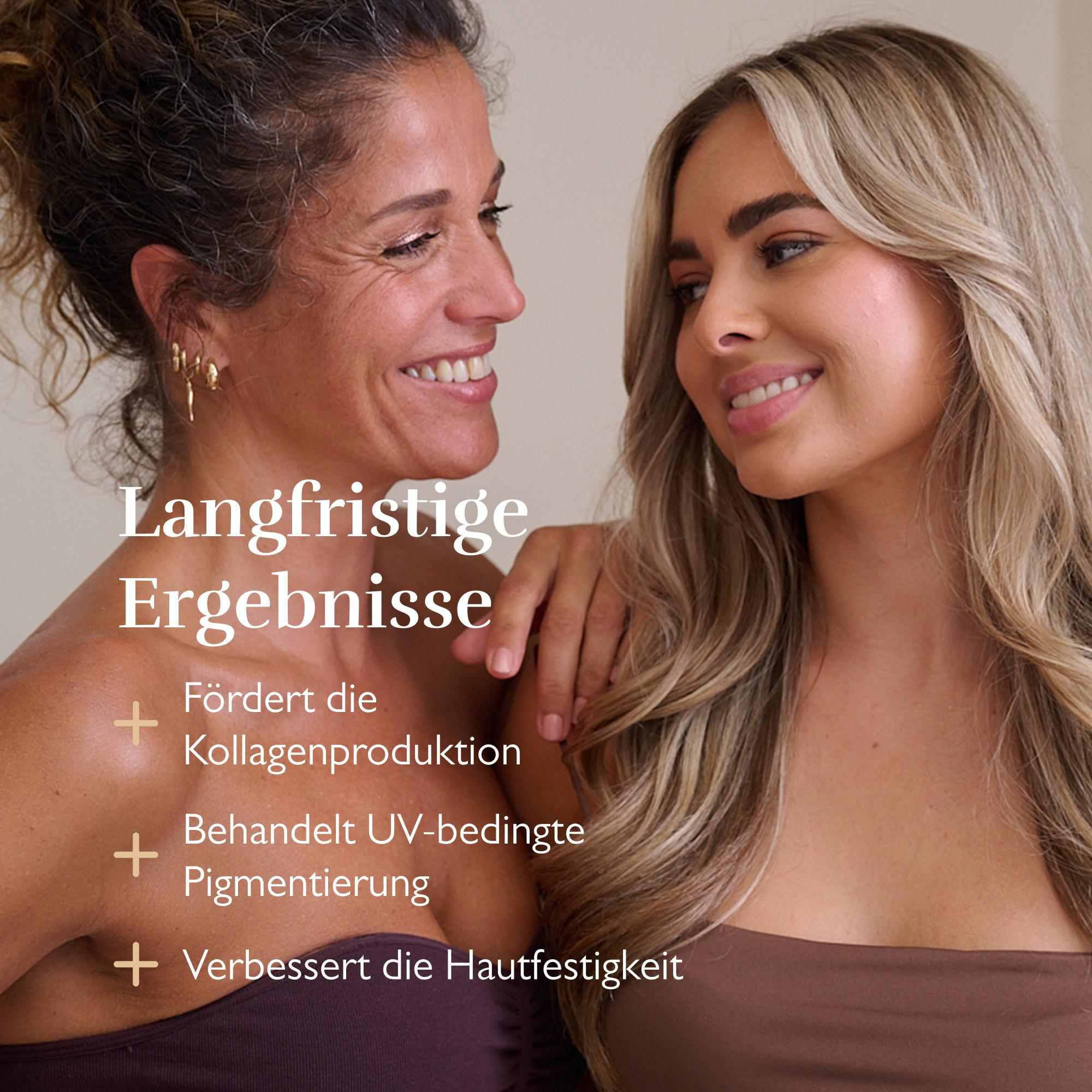 Zwei Frauen lächeln, Text über langfristige Ergebnisse.