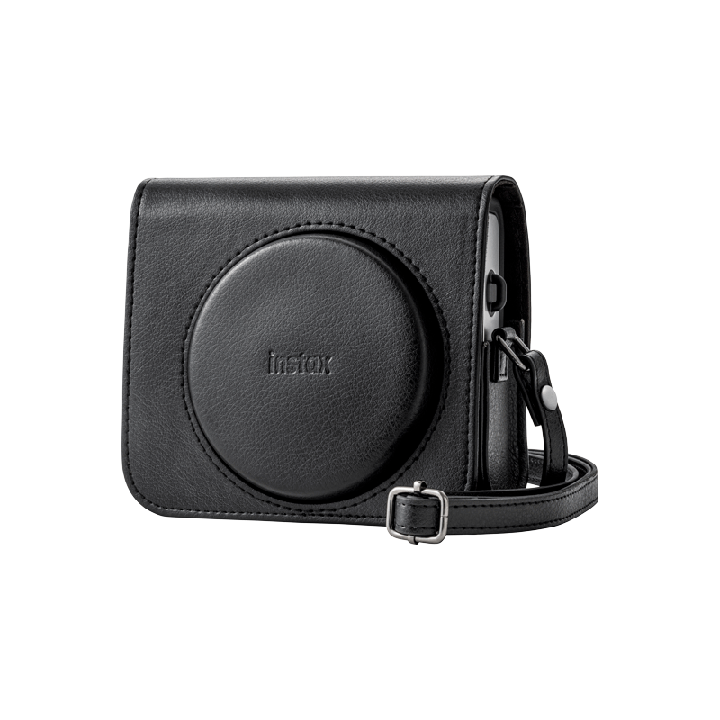 Siyah deri Instax kamera çantası, askılı ve tokalı.