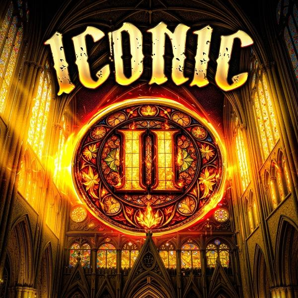 Goldene Schrift „ICONIC“ über einem runden Buntglasfenster mit der römischen Zahl II.