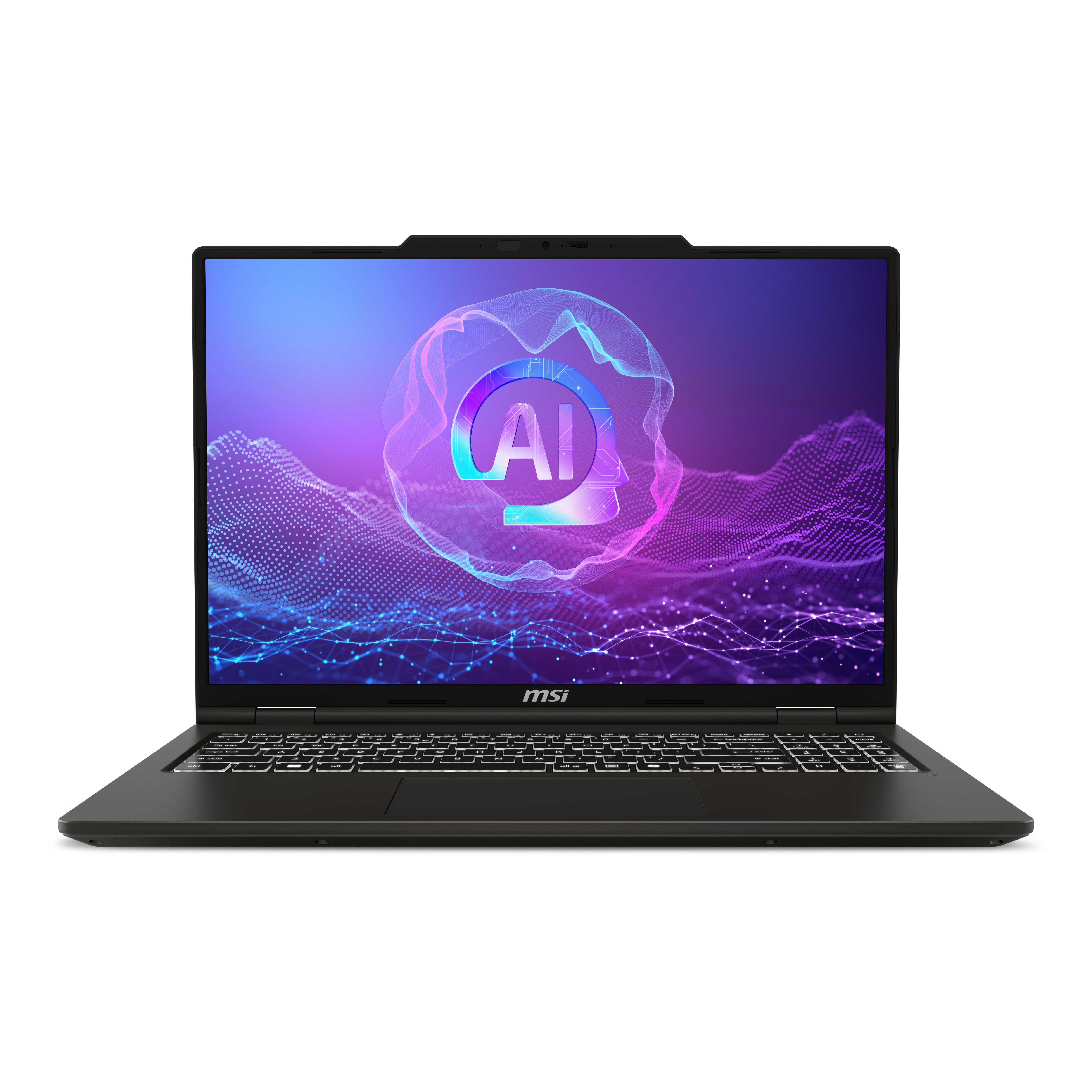 Un ordinateur portable noir avec un symbole IA à l'écran et motif ondulé.