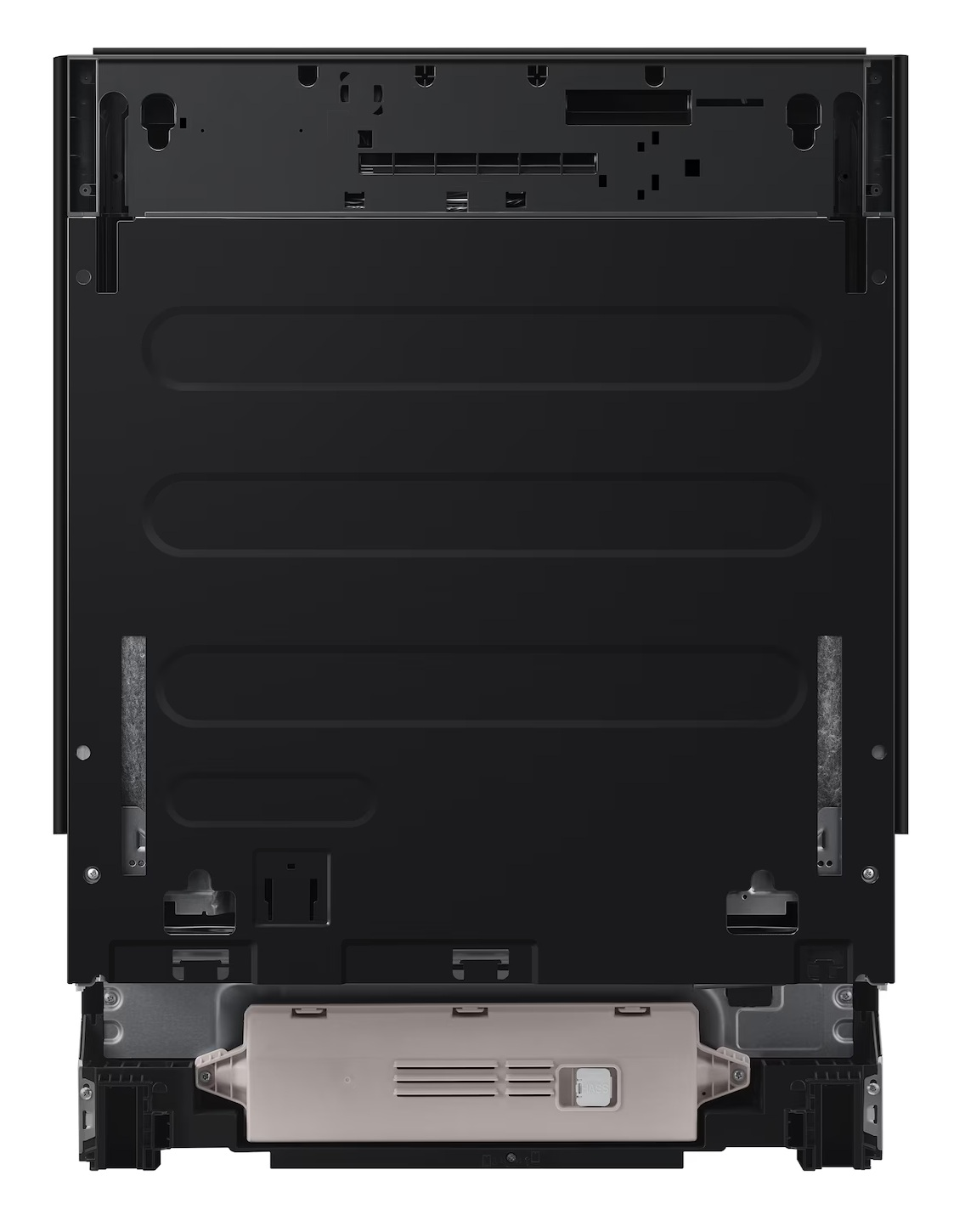 Tył czarnego urządzenia z poziomymi rowkami i złączami.