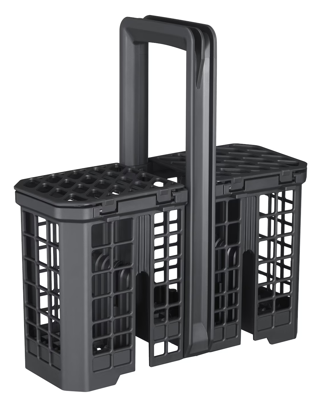 Ciemnoszary kosz do zmywarki z uchwytem i dwoma przegrodami, na białym tle.