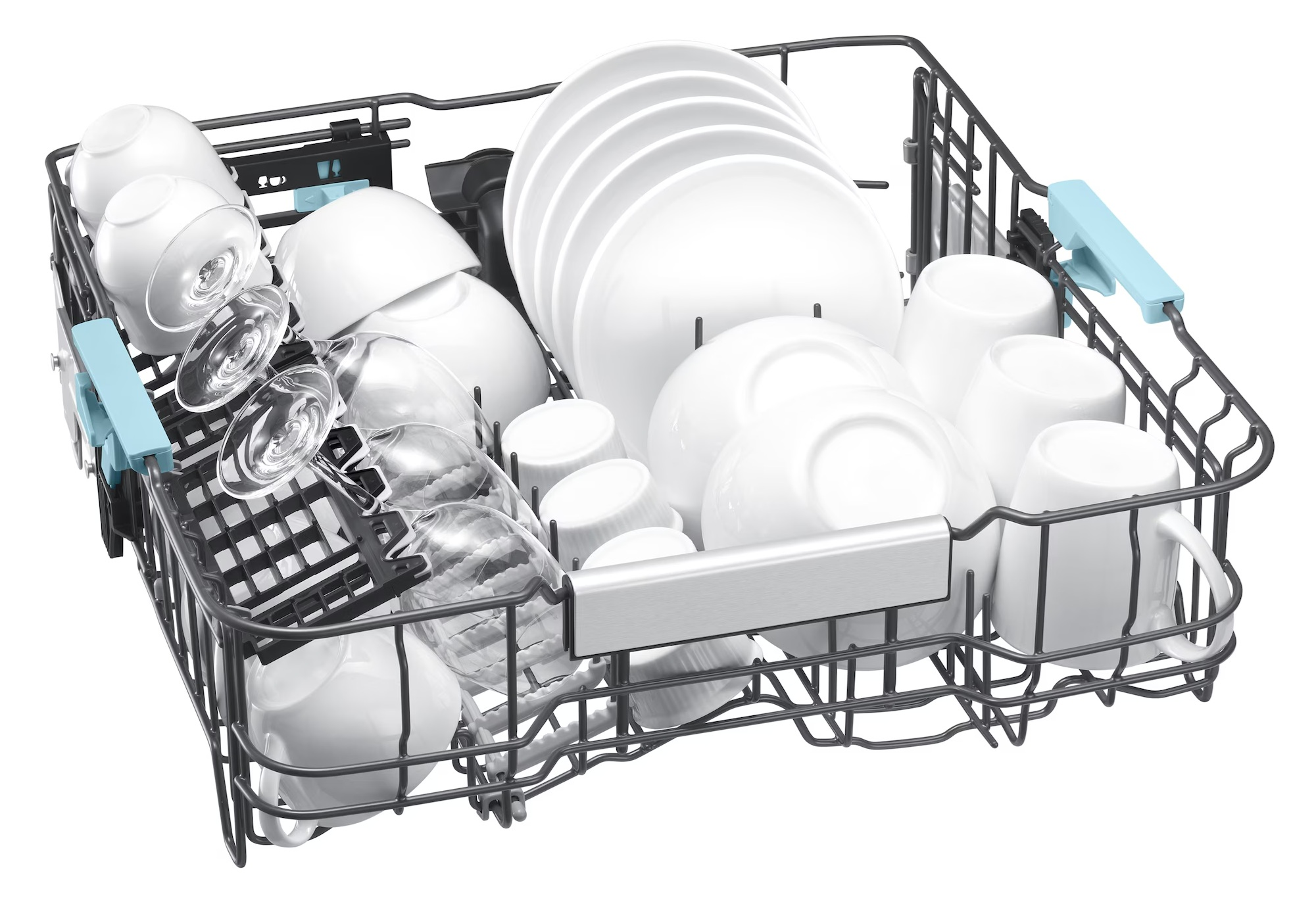 Kosz zmywarki z białymi talerzami, miskami, kubkami i szklankami.
