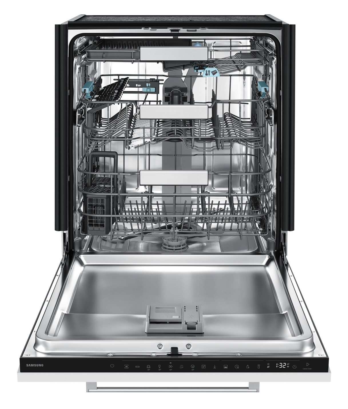 Otwarta zmywarka z dwoma koszami i panelem sterowania.