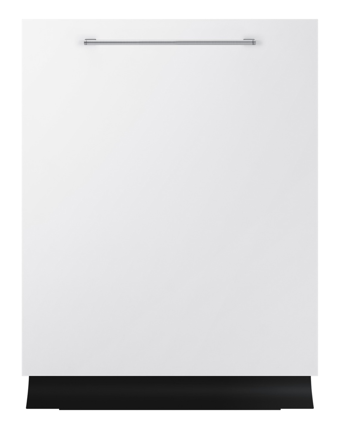 Biała zmywarka z srebrnym uchwytem i czarną podstawą.