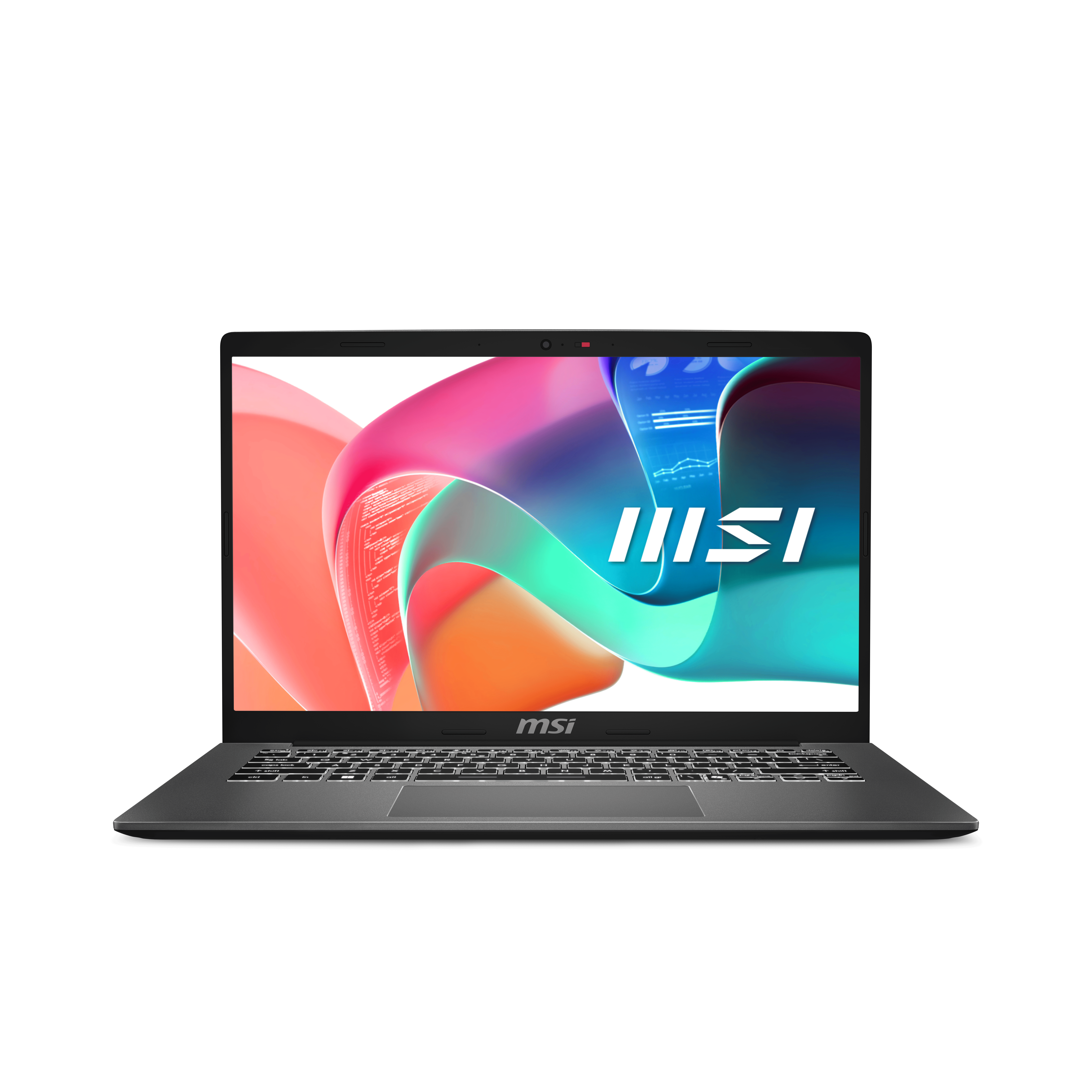 Un ordinateur portable ouvert avec le logo MSI et un graphique coloré.