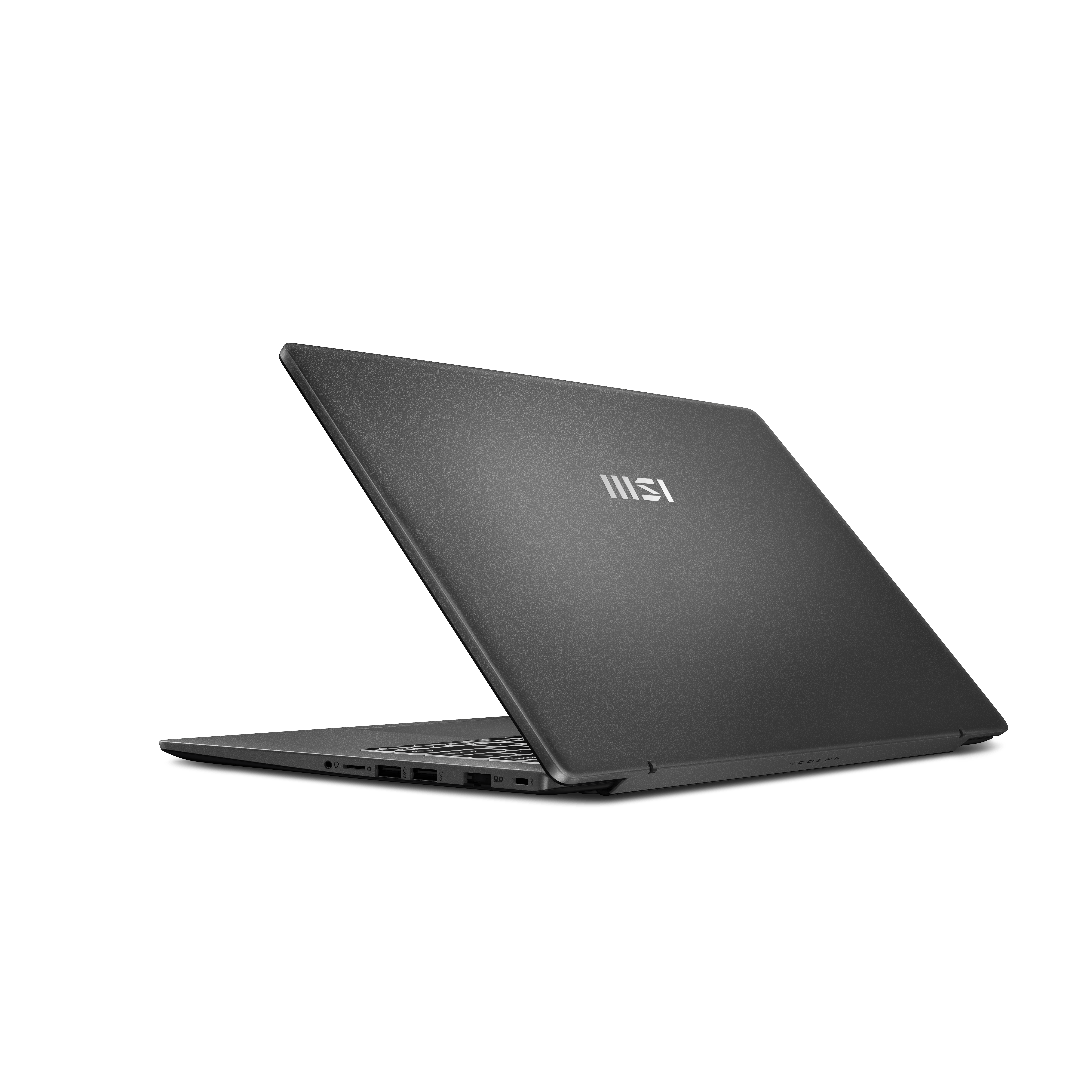 Un ordinateur portable MSI sombre ouvert avec clavier éclairé sur fond noir.