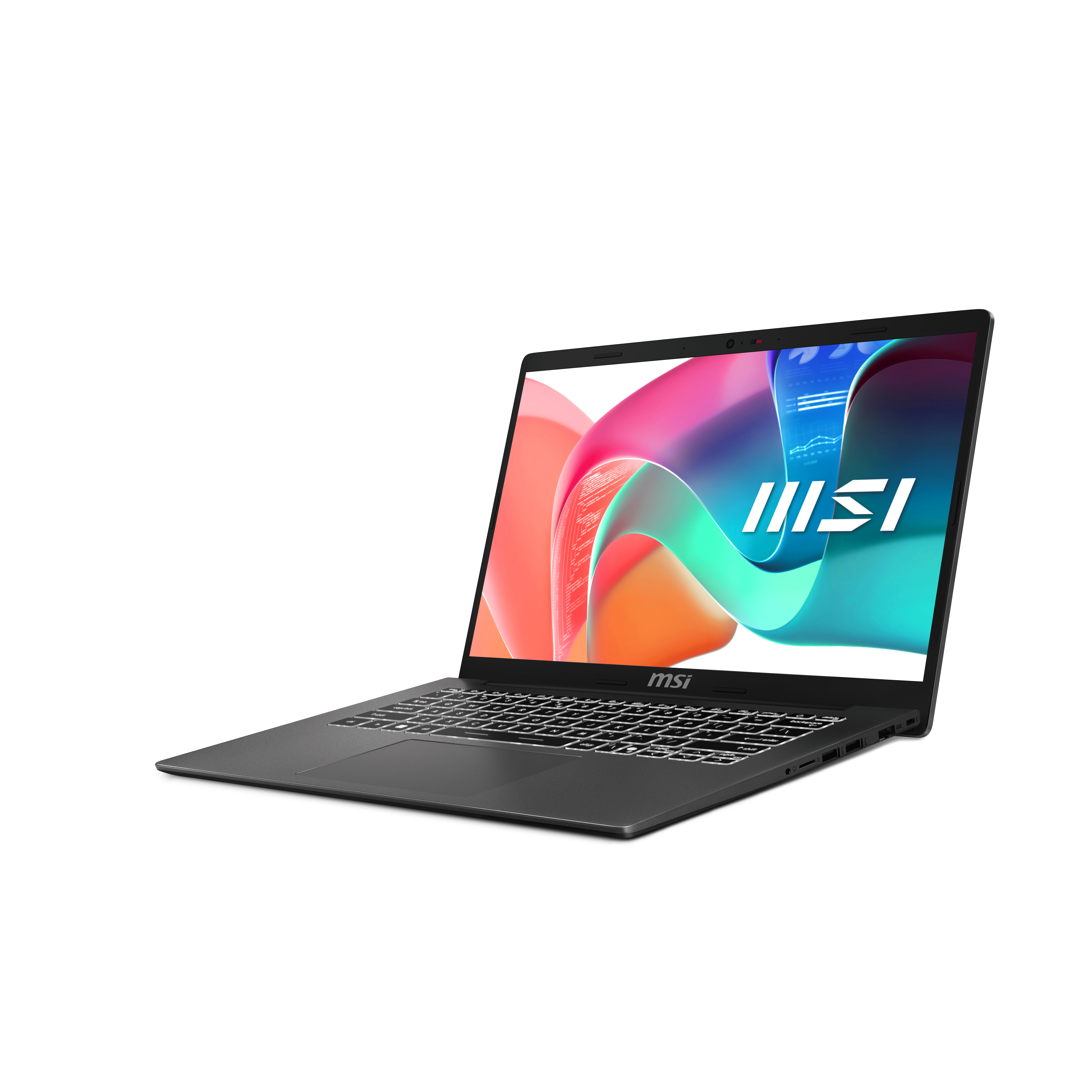 Un ordinateur portable MSI argenté avec un fond d'écran abstrait et vibrant.
