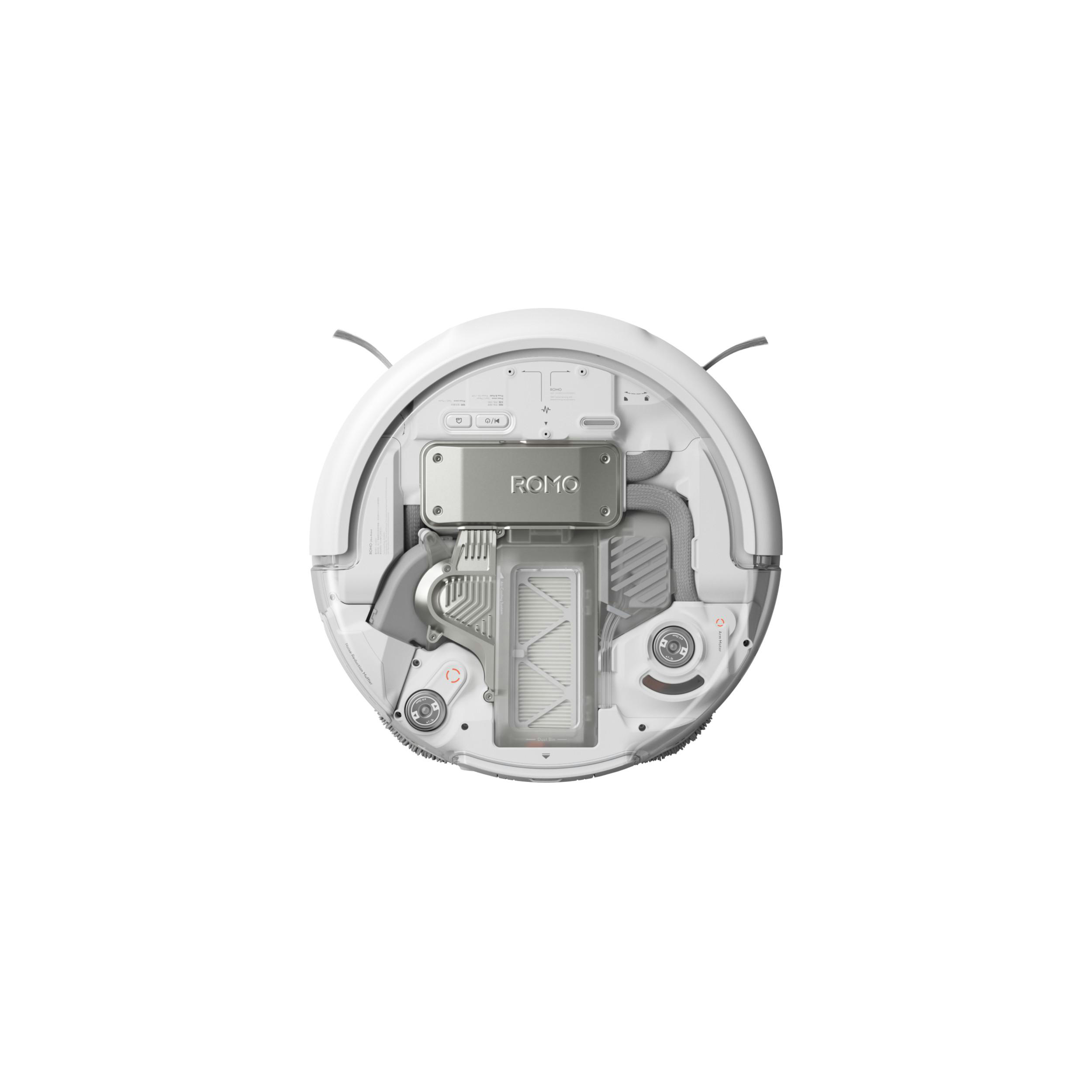 Der weiße Saugroboter zeigt seine interne Mechanik, einschließlich Staubbehälter und Lüfter.