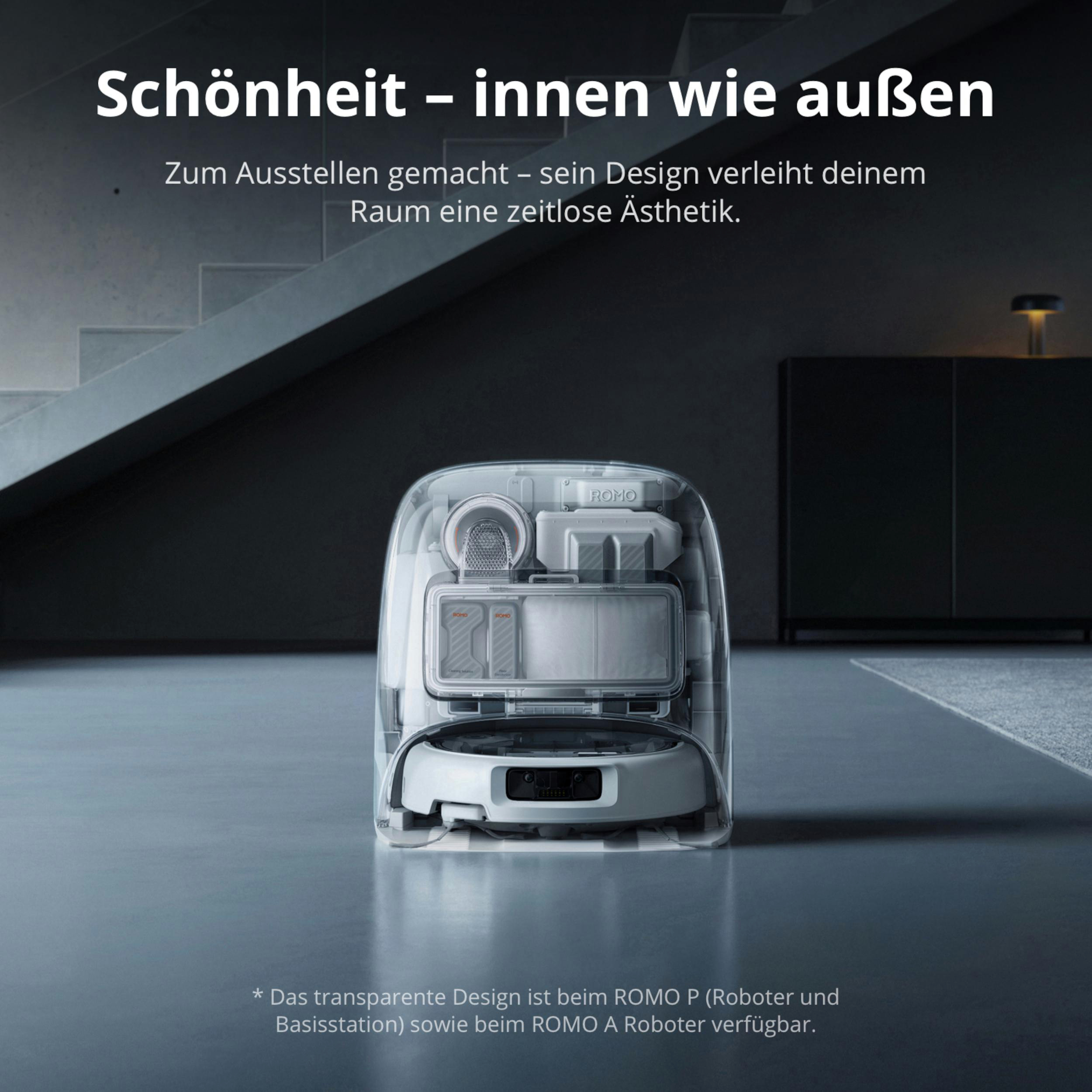 Transparenter Roboterstaubsauger mit sichtbaren Innenteilen.